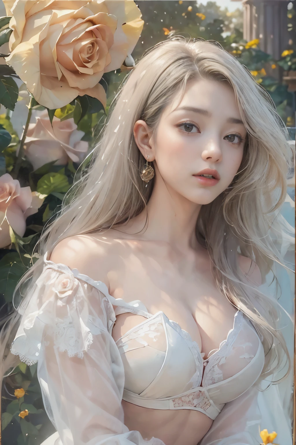 (8k, highest quality, masterpiece)，{Realistic, RAW Photos, Super Fine Clear, Portraiture, (Oil painting, Delicate brushwork, small touch, Beauty Painting, Yasutomo Oka's paiting style:1.6)}, Realistic Light, Detailed skin, (Beautiful woman with slim body, Age 25, Daughter of a noble:1.5), Thin legs, fine grain, Long white wavy hair, Detailed fingers, thin, Sexual, Expressions of Ecstasy, (Dynamic and sexy pose, Alluring, Indulgent, Decadent, Functional:1.6), (huge Bouncy Firm Bust:1.8), (sexy see-through long dress,:1.2),(The dress has a wide opening at the chest;1.6), Exposing the breasts, (Paradise, Rose Garden:1.6), Wide and beautiful view,