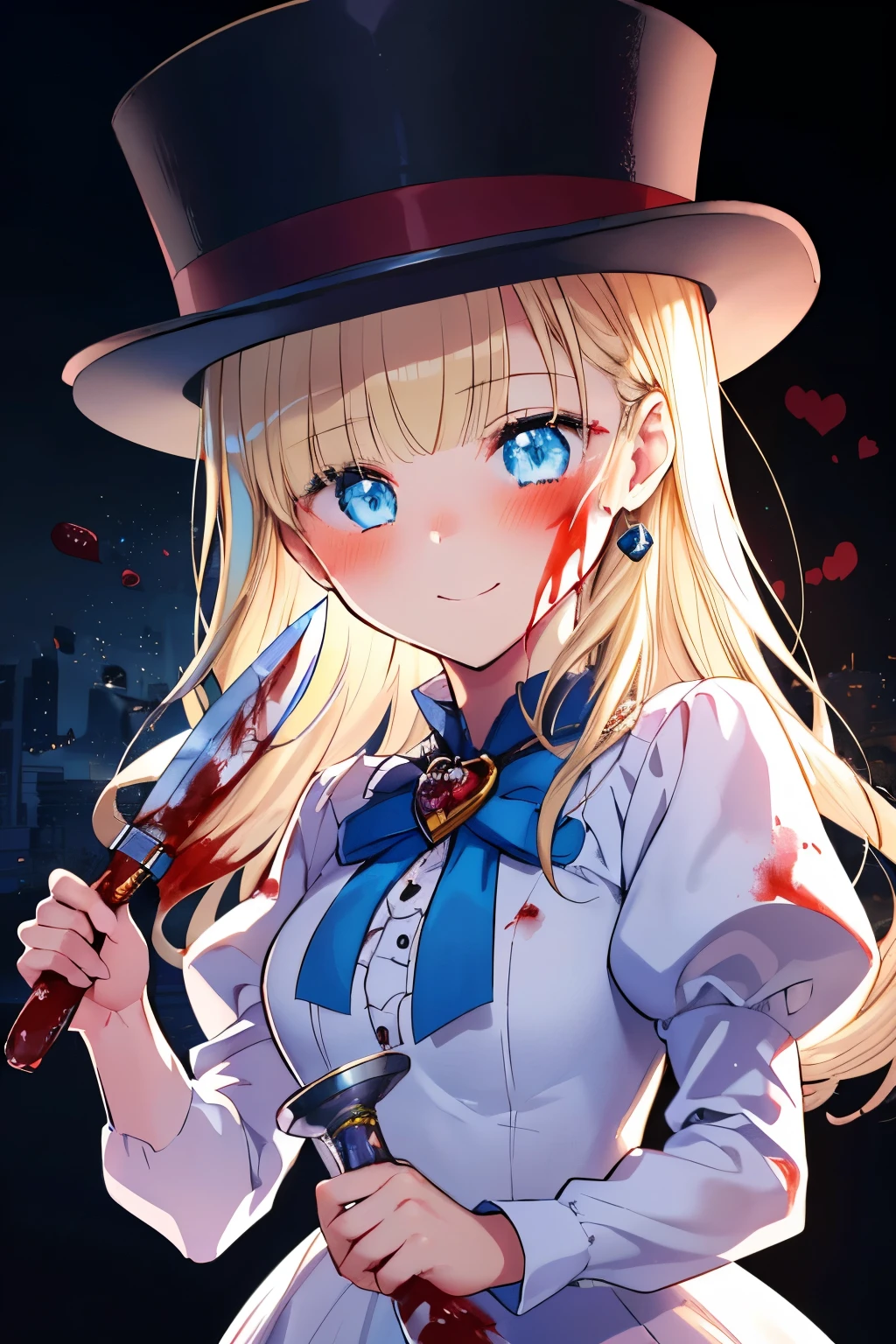 (1girl, solo), nadja, blonde hair, side ponytail, (blue eyes:1.5), long hair, (small breast:1.2), (hair ribbon, juliet sleeves, long sleeves, puffy sleeves, blood stained white dress:1.5, frills, top hat, black top hat, hat, hat flower, red heart brooch, jewelry,) looking at viewer, crazy smile, blush, ((blood, blood on arm, blood on face, blood on clothes, blood on hands, holding knife, knife)), serial killer, slasher, indoor, anime, (masterpiece), (best quality), (ultra-detailed), (best illustration), (best shadow), (absurdres), (detailed background), (very aesthetic), shiny, detailed beautiful eyes, outstanding, countershading, detailed soft lighting, an exquisite animation illustration, high resolution, unity 8k wallpaper, (illustration:1.5), anime style, (beautiful detailed eyes:1.6), extremely detailed face, perfect lighting, extremely detailed CG, (perfect hands, perfect anatomy), (dynamic pose, dynamic angle:1.1),