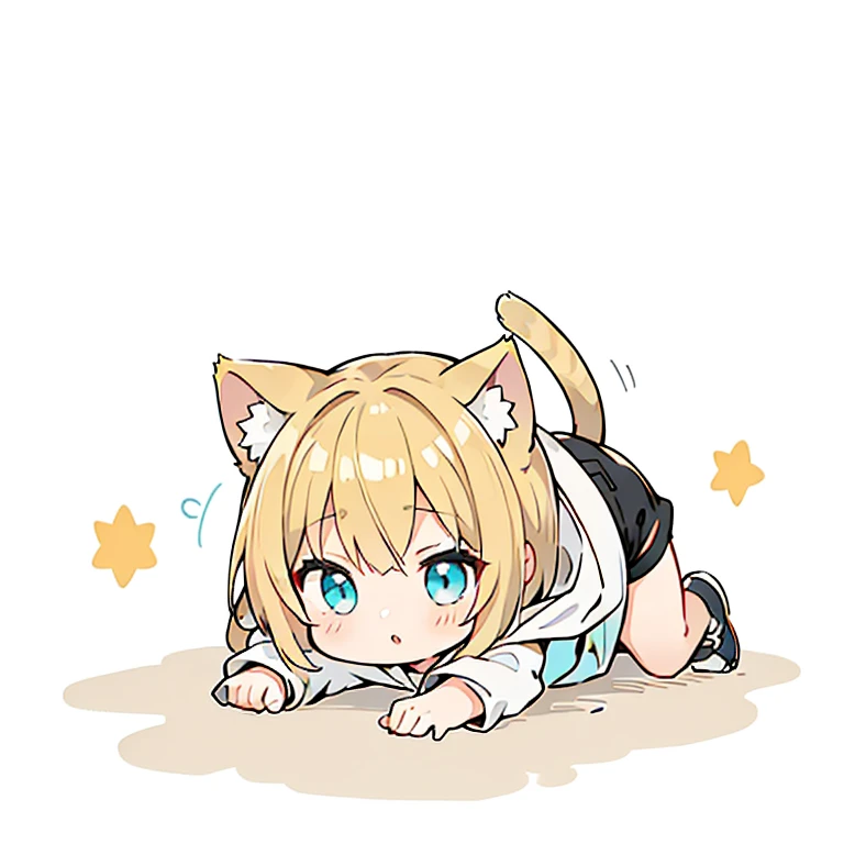 Beautiful young girl with blonde hair、 Bright lighting,Crawling forward,crawl forward,Blonde hair, turquoise eyes, short mash hair,CHIBI、Cat ear、Plain white hoodie, black shorts, black sneakers