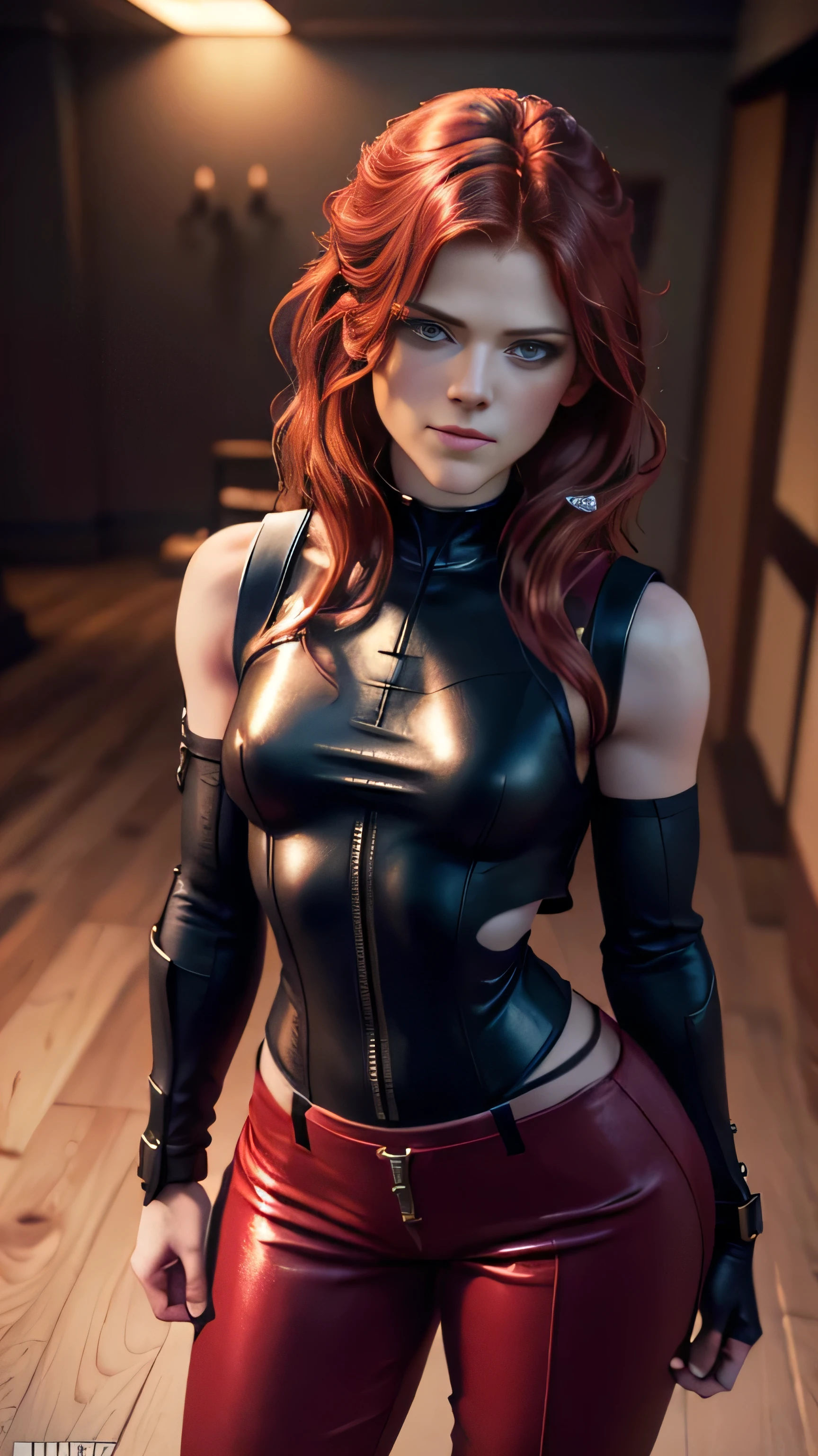 ((Rose Leslie)) as Kira from Mortal Kombat, green eyes, red hair, twintail, black vest, cropped crimson jacket, gloves, thigh cutout, crimson pants, looking at viewer, serious, seductive smile, hands on thighs, (long shot), (full body render), (full body view), fine detail, hyper realistic, HD, 4K, definition, texture, perfect detail, perfect face, beautiful, hyperrealism, trending on artstation