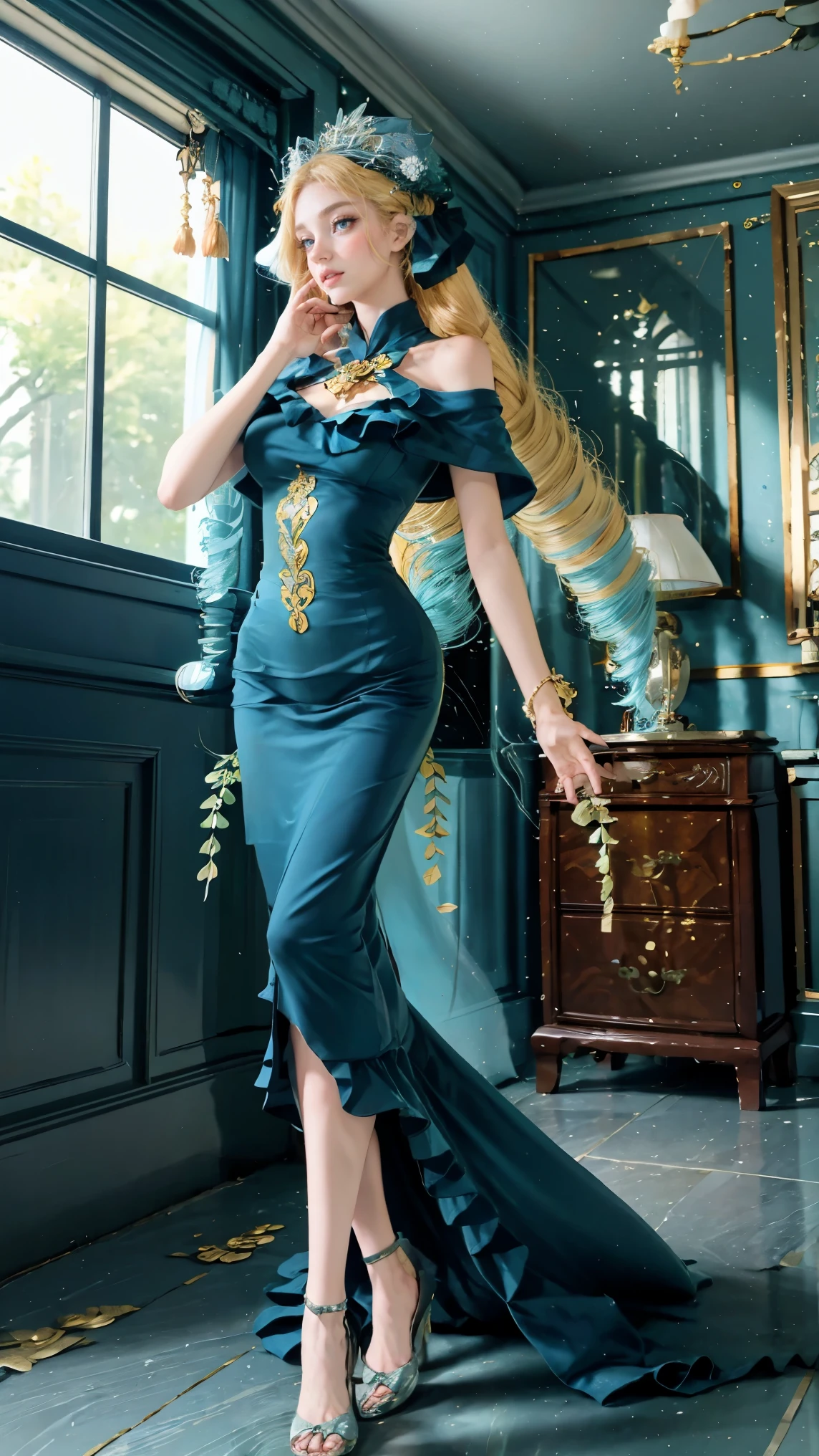 Best quality, masterpiece, ultra high res, raw photo, beautiful and aesthetic, eastern theme,(ultra detailed:1.3),
1girl, standing pose, flower headdress, full of curtain, drill hair, long hair, blonde hair, gradient hair, yellow eyes, solo, huge breasts, big hair, blue hair, divine goddess, looking at viewer, chinese room, indoors, bedroom, astraea, full body, dress with frills