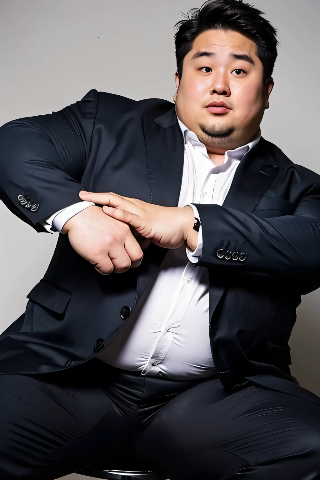 A big, chubby Japanese man in a suit、whole body、office、Thick legs、Thick arm muscles、Intimidating、Short Hair、Detailed face