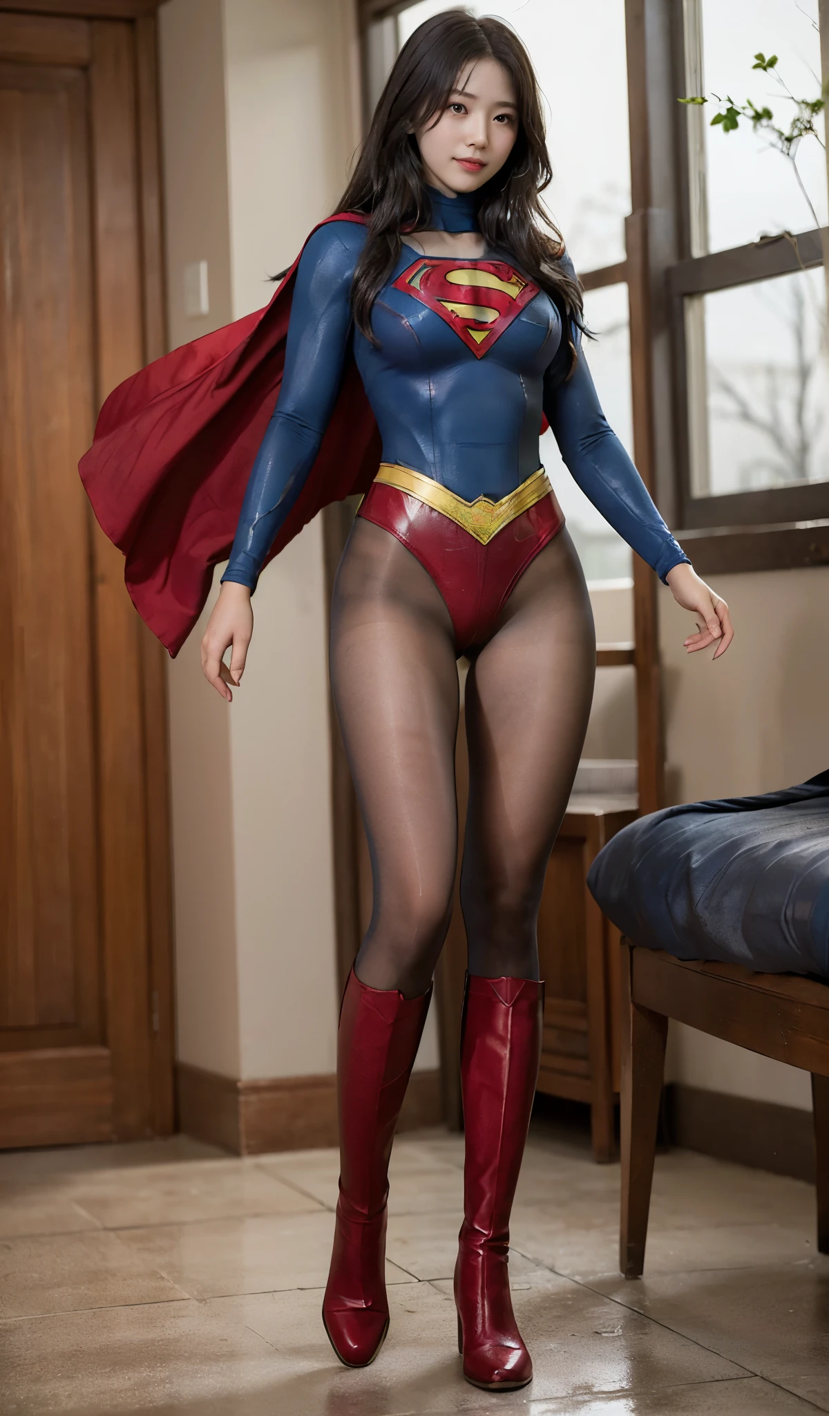 No background、(((Beautiful legs in black tights.)))、(((Legally express the beauty of your smile)))、((((Make the most of your original images)))、(((Body-fitting Supergirl costume)))、(((Supergirl Costume)))、(((Beautiful Hair)))、(((suffering)))、(((Please wear black tights....、Wear red boots)))、((Best image quality、8k))、((highest quality、8k、masterpiece:1.3))、(((Preserve background )))、Sharp focus:1.2、Beautiful woman with perfect figure:1.4、Slim Abs:1.2、Wet body:1.5、Highly detailed face and skin texture、8k