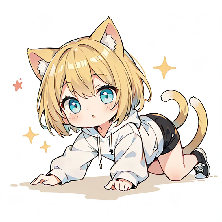 Beautiful young girl with blonde hair、 Bright lighting,Crawling forward,crawl forward,Blonde hair, turquoise eyes, short mash hair,CHIBI、Cat ear、Plain white hoodie, black shorts, black sneakers