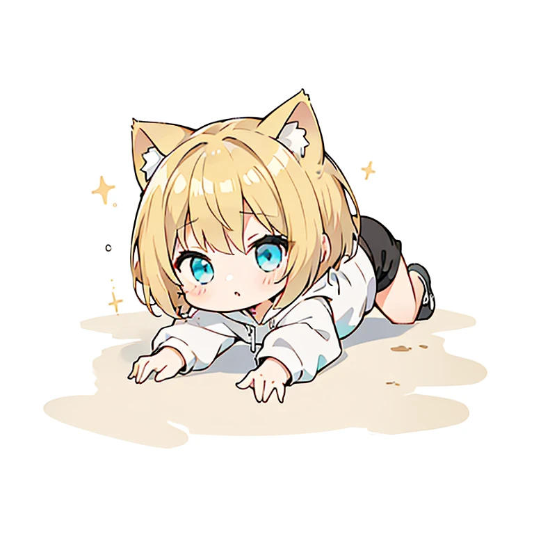 Beautiful young girl with blonde hair、 Bright lighting,Crawling forward,crawl forward,Blonde hair, turquoise eyes, short mash hair,CHIBI、Cat ear、Plain white hoodie, black shorts, black sneakers