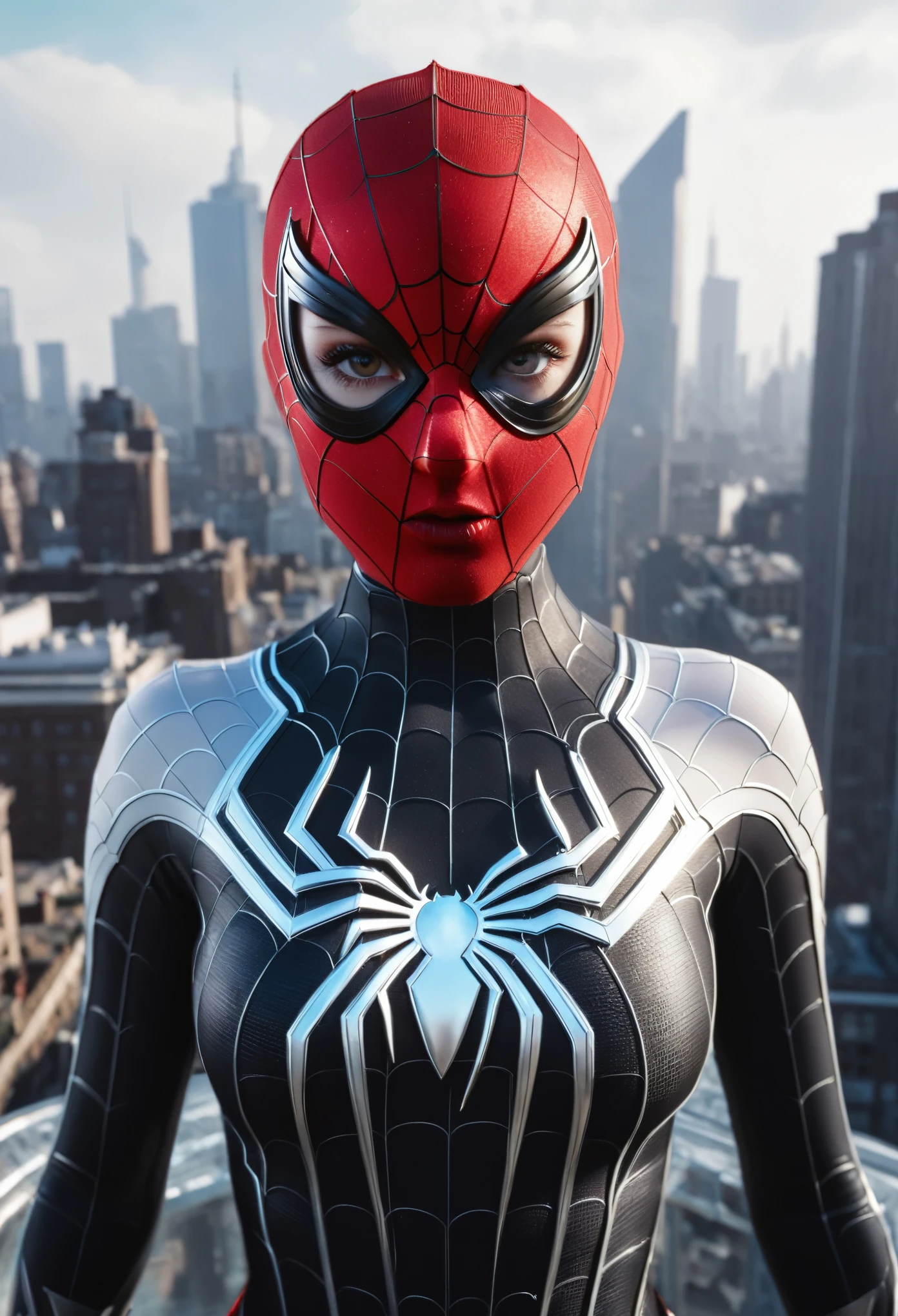 (1girl:1.3), Solo, (((Very detailed face)))), ((Very detailed eyes and face)))), Beautiful detail eyes, Body parts__, Official art, Unified 8k wallpaper, Super detailed, beautiful and beautiful, beautiful, masterpiece, best quality, original, masterpiece, super fine photo, best quality, super high resolution, realistic realism, sunlight, full body portrait, amazing beauty, dynamic pose, delicate face, vibrant eyes, (from the front), She wears Spider-Man suit, red and black color scheme, spider, very detailed city roof background, rooftop, overlooking the city, detailed face, detailed complex busy background, messy, gorgeous, milky white, highly detailed skin, realistic skin details, visible pores, clear focus, volumetric fog, 8k uhd, DSLR, high quality, film grain, fair skin, photo realism, lomography, futuristic dystopian megalopolis, translucent