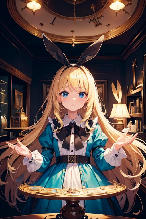 (8k, highest quality, Tabletop:1.2)、Ultra-high resolution、One 12-year-old girl, Detailed face、black eye, Blonde, Long Hair, Alice in Wonderland, rabbit with a clock