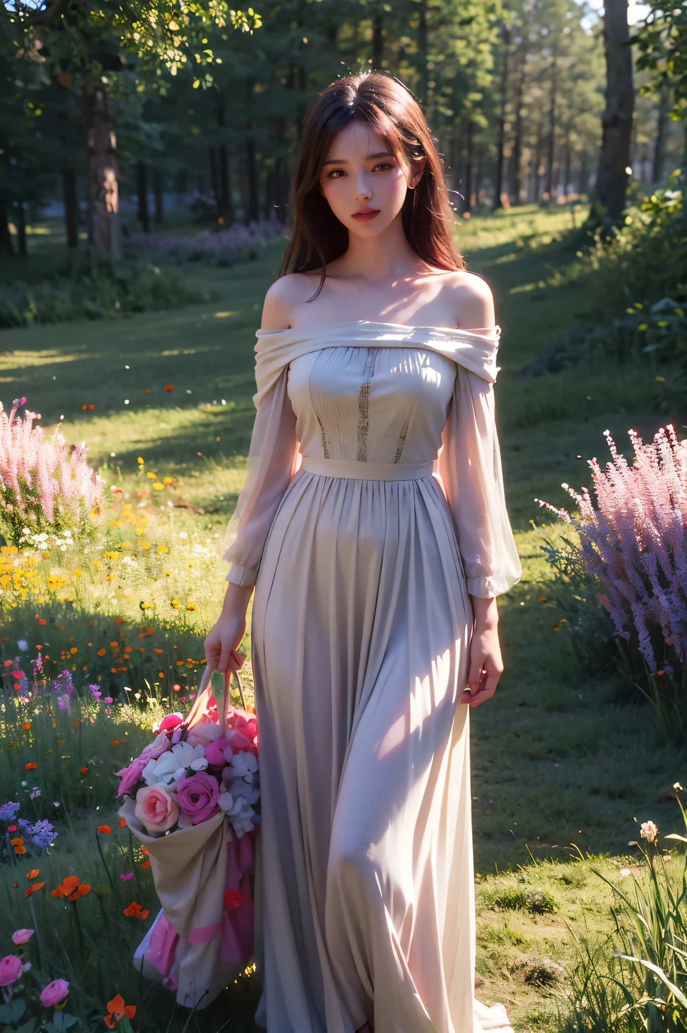 Beautiful girl standing in a colorful meadow at golden hour, surrounded by vibrant flowers, dreamy atmosphere, detailed digital painting, artstation trending, artist inspired by Alena Aenami and Loish, 4k resolution, soft pastel color palette, ethereal lighting