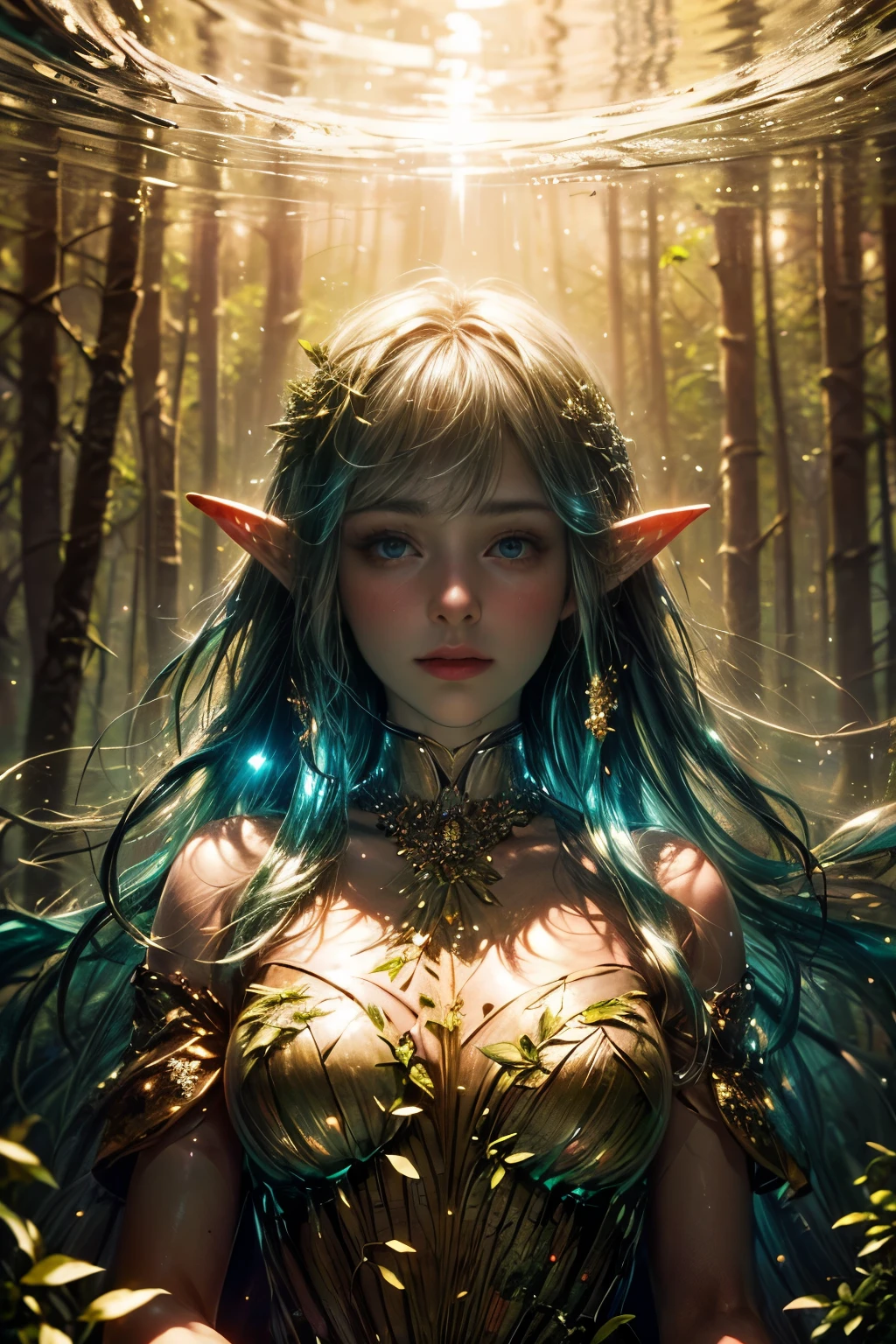 (((Wooden elves floating above the forest, Tearing flowers in the forest ))) Green hair,  body, Radial glow, White fern flowers, optical, Panoramic lighting, Atmospheric perspective, Dawn, Smoothing: 5D, Light Painting, Color, Beautiful face, Clear facial features, Symmetrical transparent wings, stunning detail