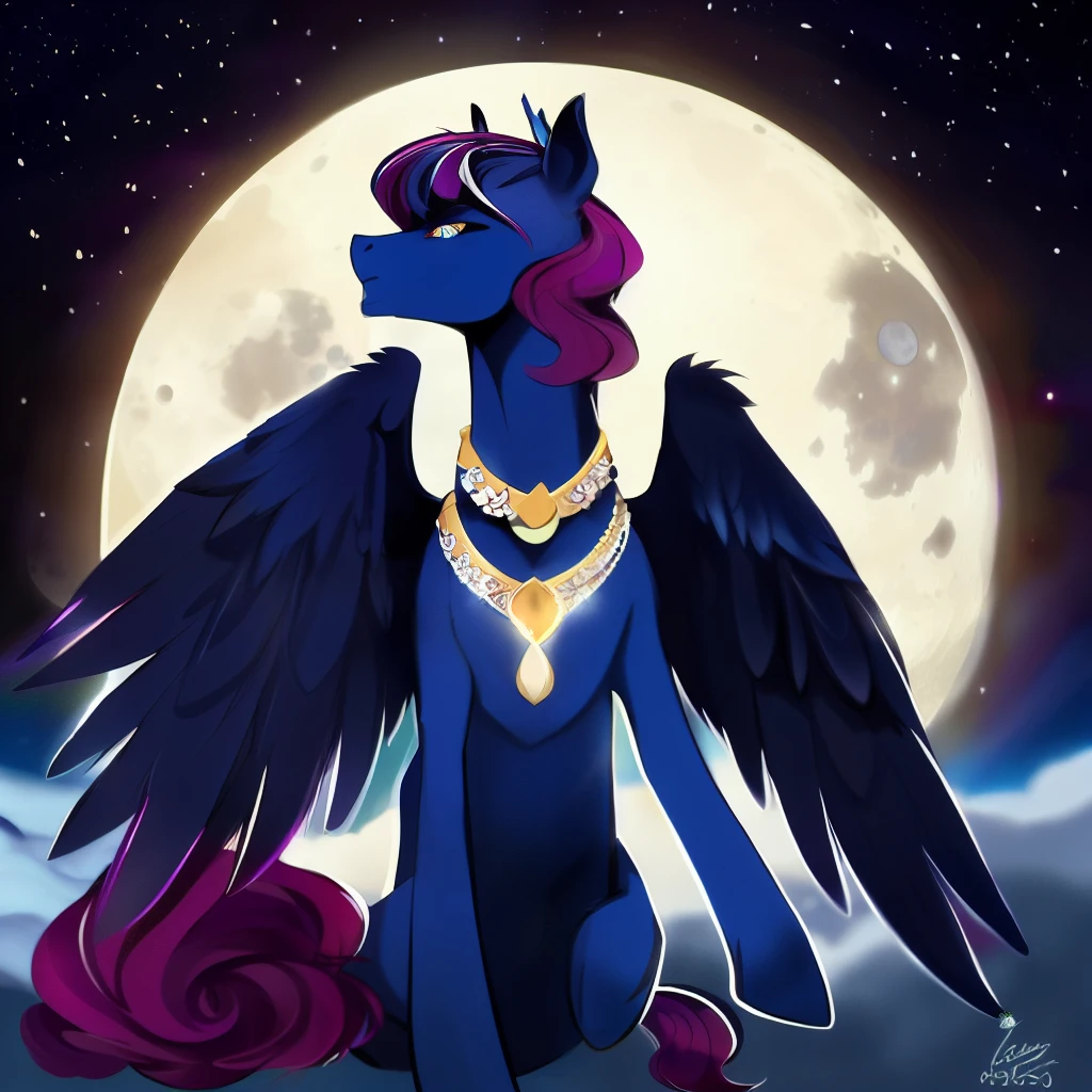 My little pony, the body of a pegasus,male,Old man,three flowers,the moon among the feathers,star with feathers, blue mane, light raspberry coat color, crimson eyes,Mark of distinction = Gold necklace with two pearls on each end,dark fantasy aesthetics, scar on face, one full length