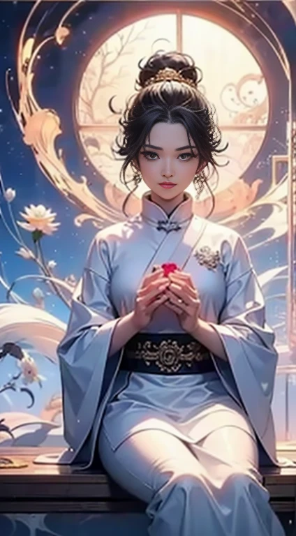 (Chinese immortals), (Buddhism), Multip_Handythological stories), (bodhisattva), She sits on a lotus, (Three hands on the left,Three hands on the right, Each hand holds a different Buddhist vessel, left right symmetry),(Delicate and beautiful face), (White silk robe)sitting on a lotus flower, Frontal photo,Light smile, neo-classical, OP Art