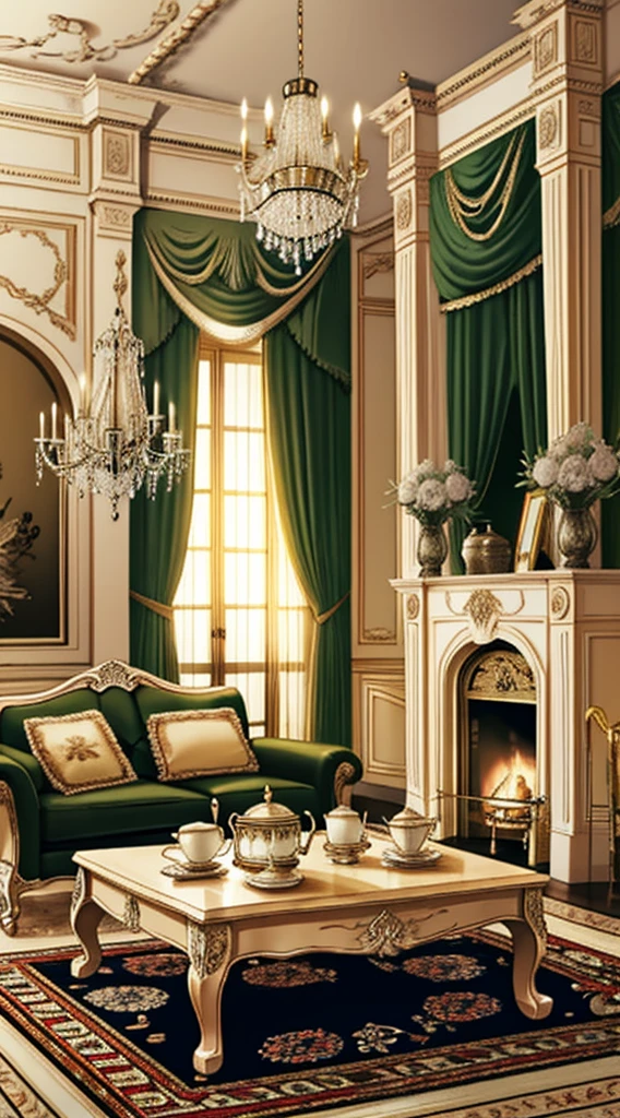 Photography, sofe, Tea table, ( Living room), Curtains, hanging lamp, decorations, carpets, fireplace,white,Versailles