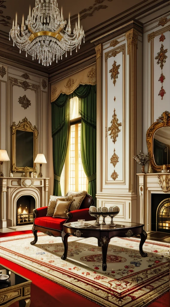 Photography, sofe, Tea table, ( Living room), Curtains, hanging lamp, decorations, carpets, fireplace,white,Versailles