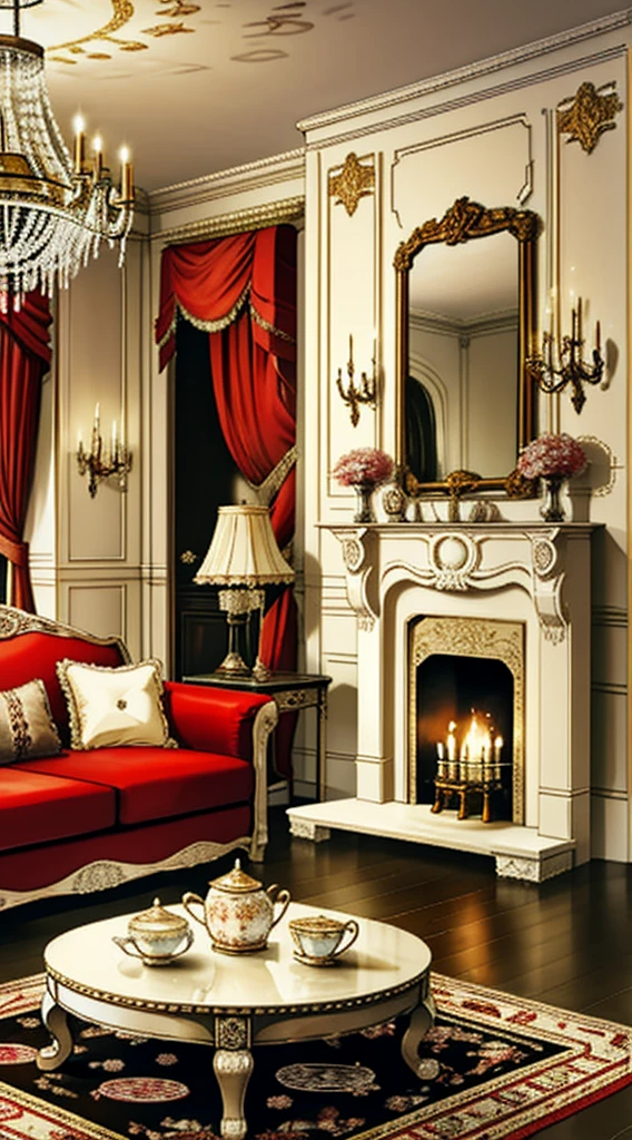 Photography, sofe, Tea table, ( Living room), Curtains, hanging lamp, decorations, carpets, fireplace,white,Versailles