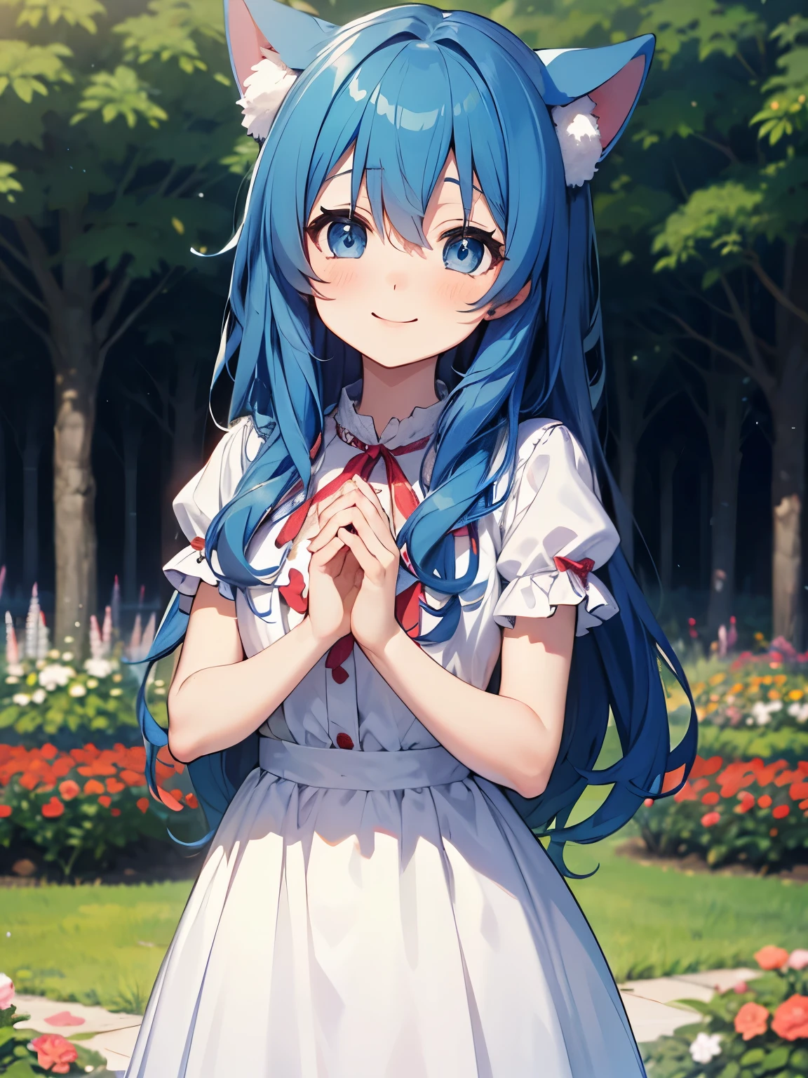 Yoshino Astral Dress、Long Hair、blue eyes、ribbon、Animal Ears、Hair between the eyes、Blue Hair,(Perfect hands),(Perfect Anatomy),(masterpiece),(highest quality),garden,Embarrassed,blush,smile,looking at the camera