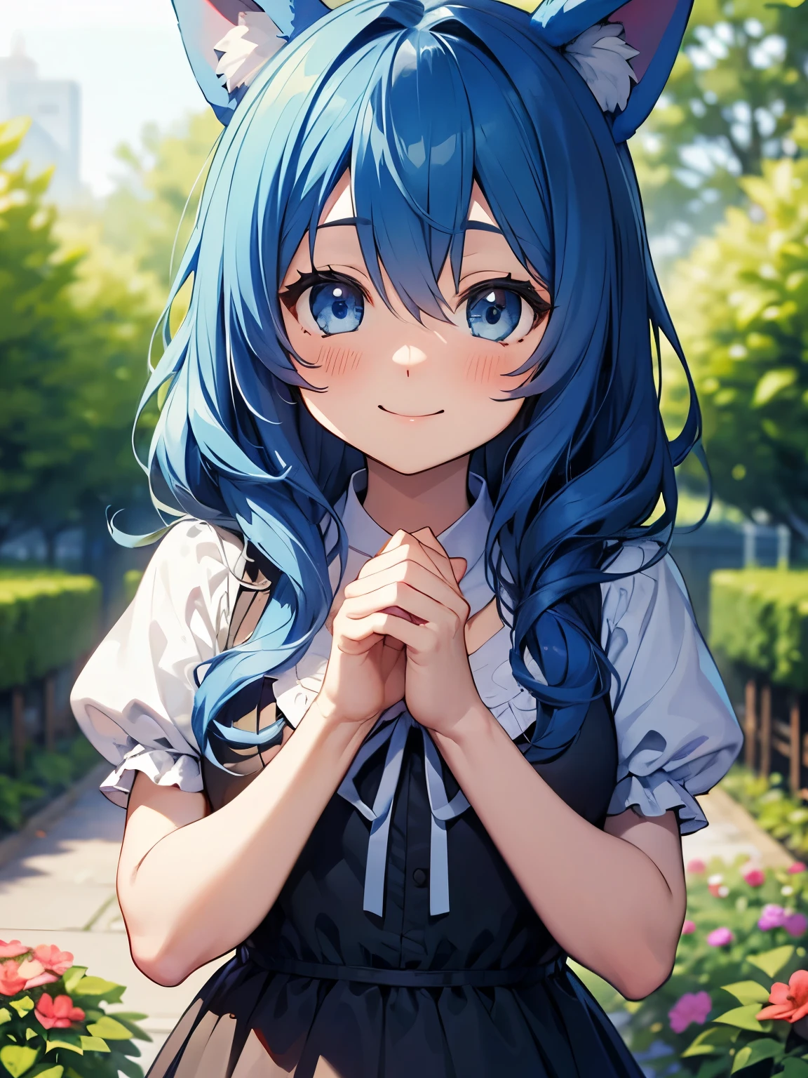 Yoshino Astral Dress、Long Hair、blue eyes、ribbon、Animal Ears、Hair between the eyes、Blue Hair,(Perfect hands),(Perfect Anatomy),(masterpiece),(highest quality),garden,Embarrassed,blush,smile,looking at the camera