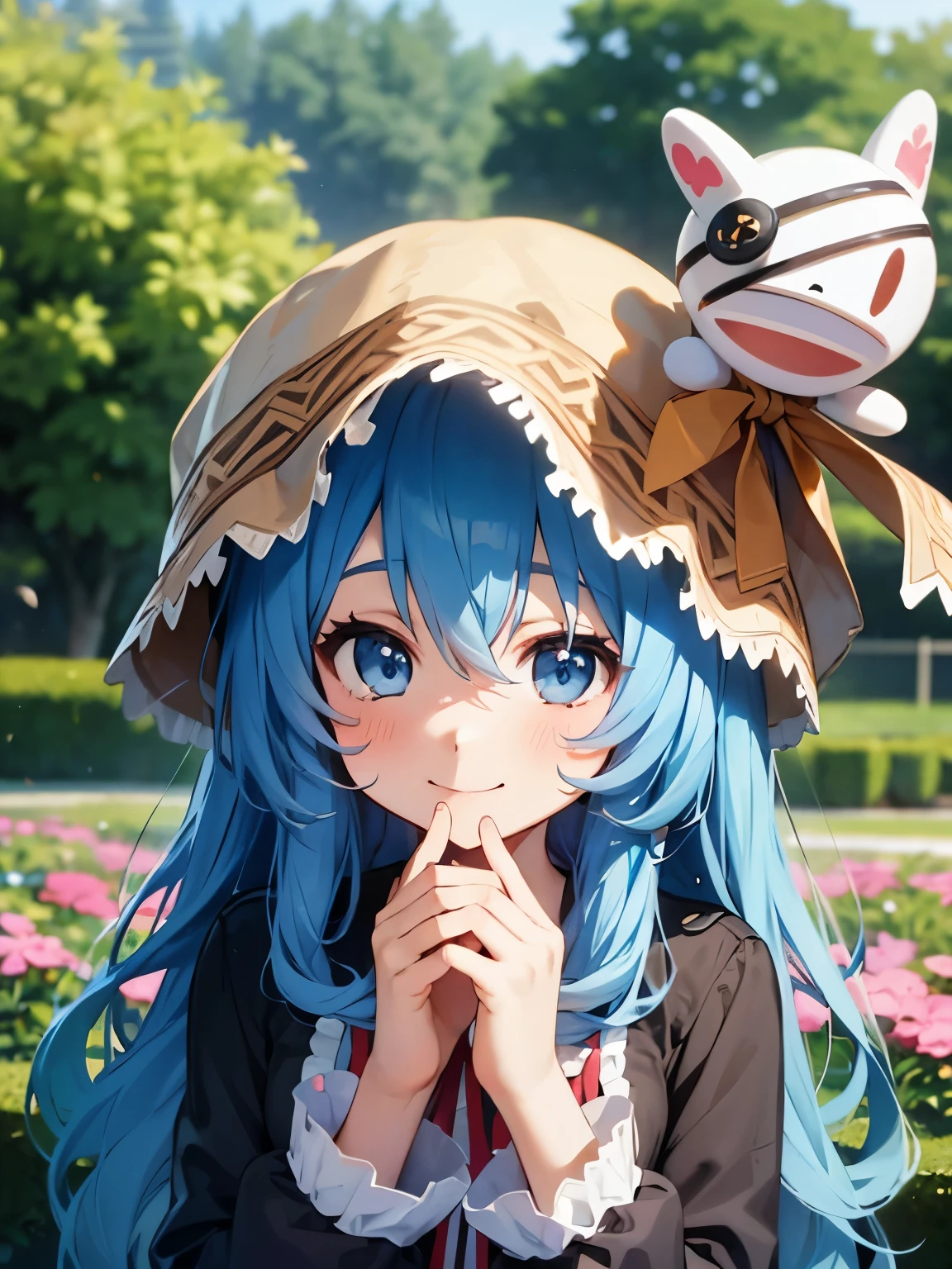 Yoshino Astral Dress、Long Hair、blue eyes、ribbon、Animal Ears、Hair between the eyes、Blue Hair,(Perfect hands),(Perfect Anatomy),(masterpiece),(highest quality),garden,Embarrassed,blush,smile,looking at the camera