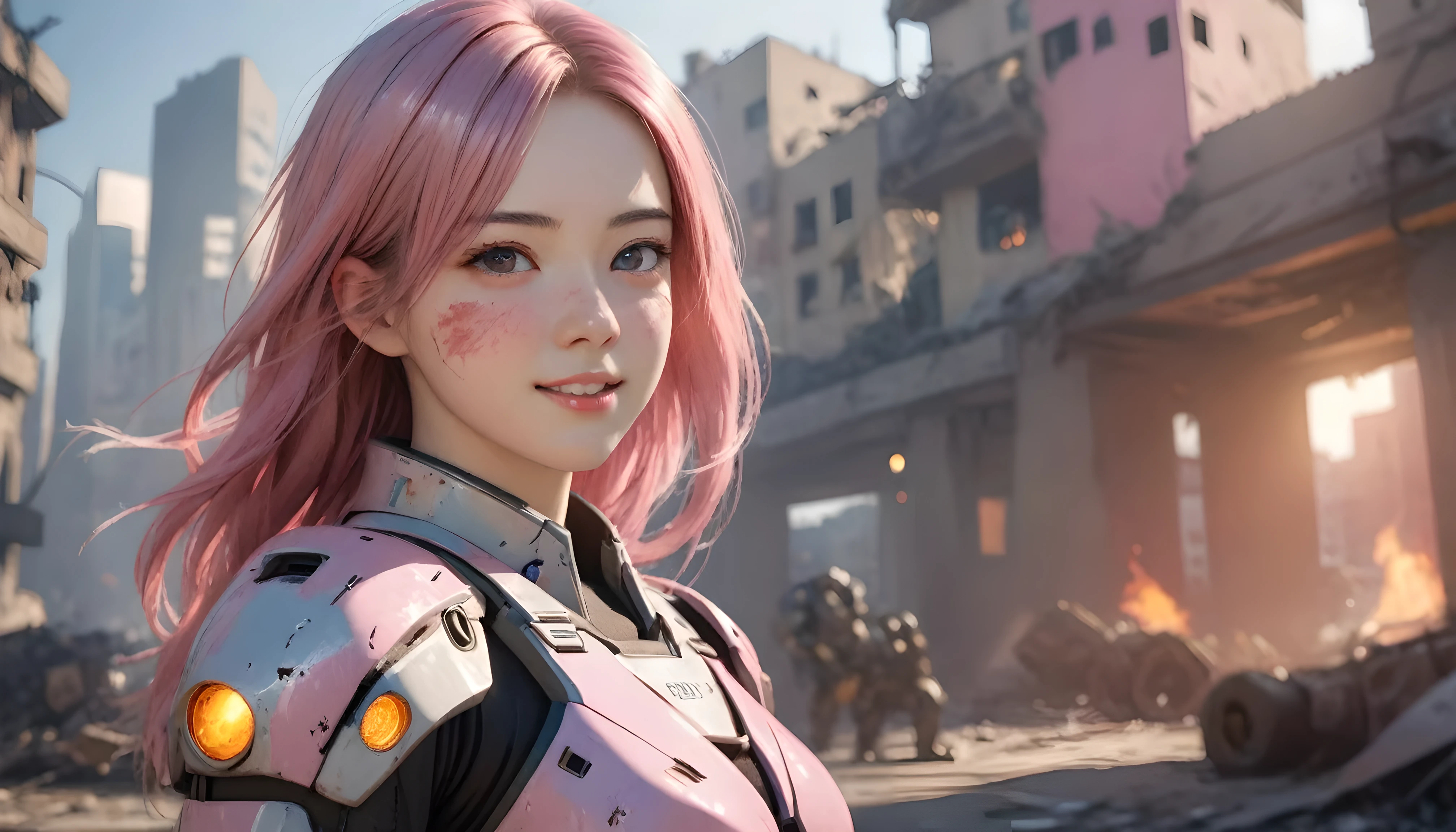 long hair，A girl in a mech suit, half-body shot, in a damaged city with ample sunlight. Flames engulf the surroundings, revealing the scratches and scars of war. The girl bears the marks of battle, with visible wounds and injuries. The atmosphere is tense, reflecting the ongoing conflict. The artwork should showcase a high level of detail, capturing every intricate aspect of the girl, the mech suit, and the surroundings. The color palette should be vibrant, with contrasting tones to enhance the dramatic effect. The lighting should emphasize the harshness of the sunlight, casting shadows and highlighting the ruggedness of the city.gradient hair, pink hair, mole under eye, grin, Surrealism, depth of field, ray tracing, close-up, lens flare, Sony FE, UHD, retina, ccurate, textured skin, high details, best quality, highres, award winning
