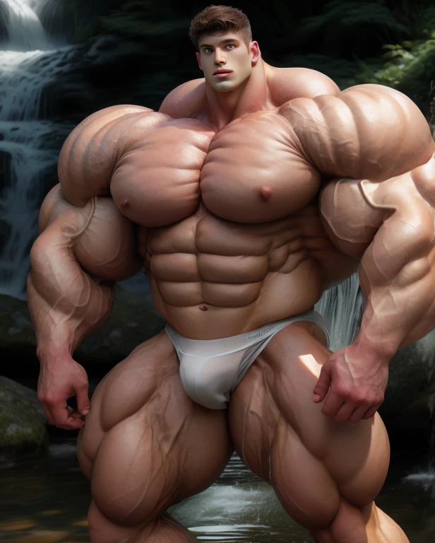 1 men, giant, model shoot style, looking at camera, standing up, cool ambience, outdoor, commercial photoshoot, large waterfall, strong body, bulk, naked, white triangular underwear, prominent bulge trunks, big, brutalmass, giant, muscular body, bulk, massive body, large meaty body size, brown skin
