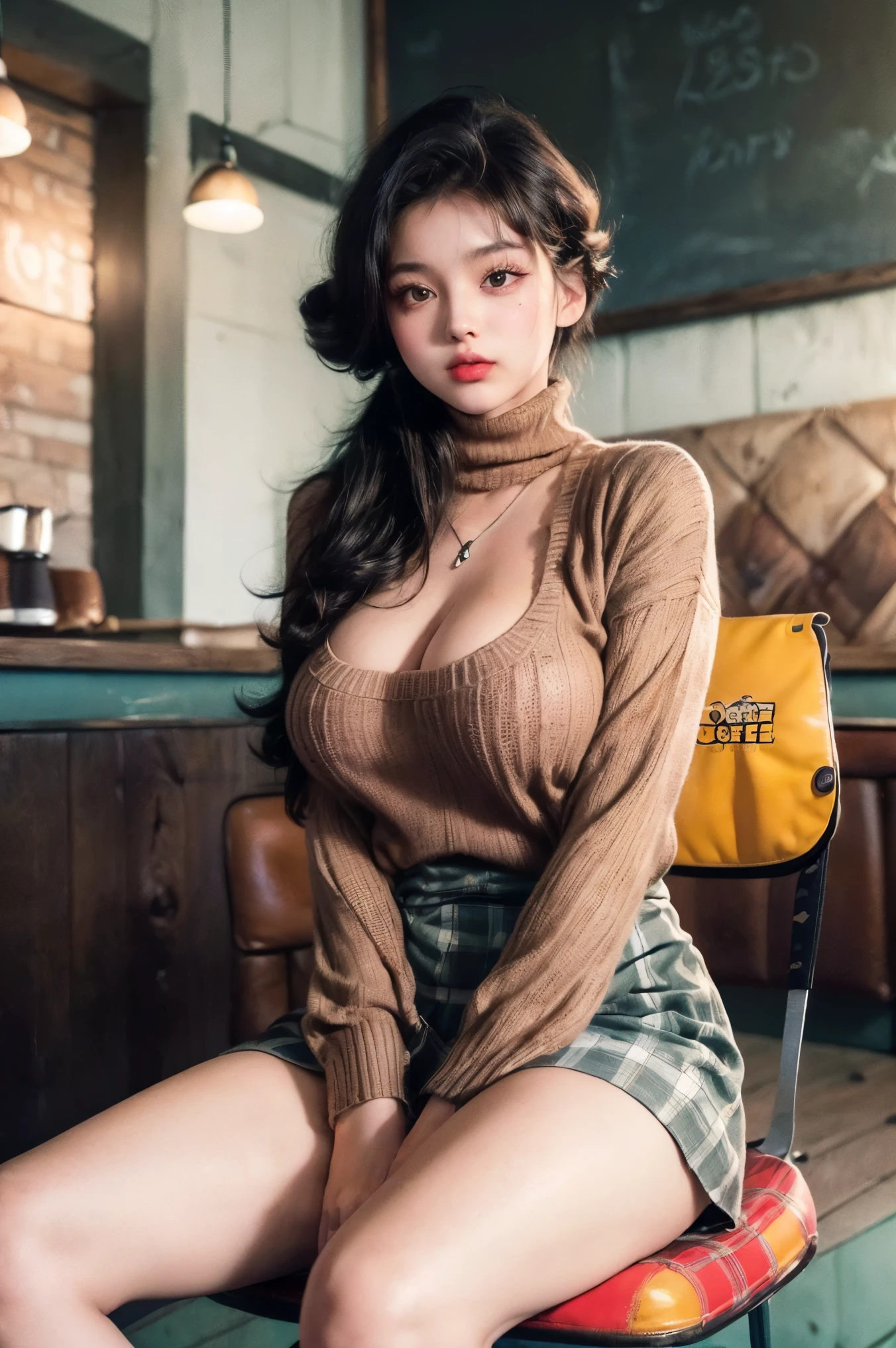 ((8k, RAW photos, top quality, masterpiece)), high-definition RAW, color photography professional close-up photos, (realistic, photorealism: 1.37), (highest quality), (best shadows), (best illustrations), collarbones ((big)), ((erotic, sexy, ultra-high resolution, high-definition CG unified 8K wallpapers, physically based rendering, movie lighting), (aegyo sal:1), 18-year-old girl, ((sitting on a chair in a retro-modern coffee shop:2)), (hand-knitted sweater with long white turtleneck: 1.2), (red plaid pleated skirt: 1.2),(sweater hem over skirt, long sleeves: 1.2)), beautiful detail eyes, light on face, ((full body shot: 1.2)), especially strong light,( very red cheeks: 1.2))、( Shy look:2),Glossy skin,( thick thighs), ulzzang-6500-v1.1:0.2, shy, (Flash:1.2), NSFW, (Long curly hair up to chest:1.2), (puffy, (seductive posture:1.2, attractive: 1.2)), (Idol), ((Good anatomy: 1.2)), (Autumn atmosphere)), Tea, cake