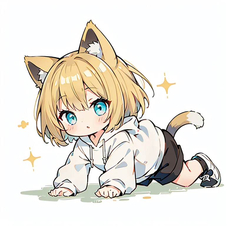 Beautiful young girl with blonde hair、 Bright lighting,Crawling forward,crawl forward,Blonde hair, turquoise eyes, short mash hair,CHIBI、Cat ear、Plain white hoodie, black shorts, black sneakers