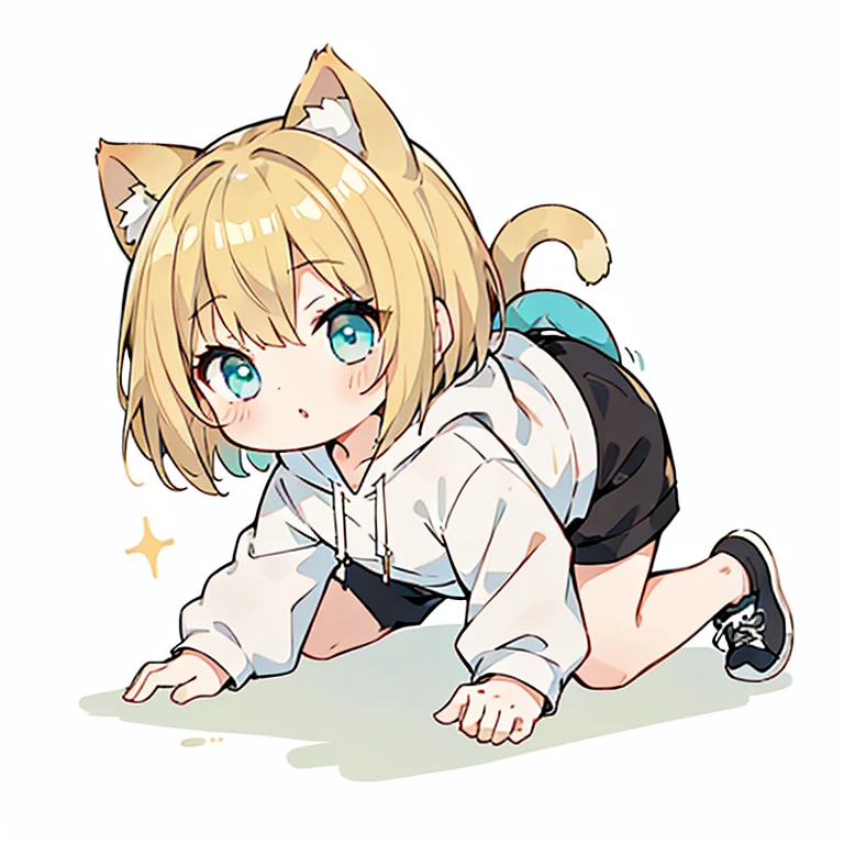 Beautiful young girl with blonde hair、 Bright lighting,Crawling forward,crawl forward,Blonde hair, turquoise eyes, short mash hair,CHIBI、Cat ear、Plain white hoodie, black shorts, black sneakers