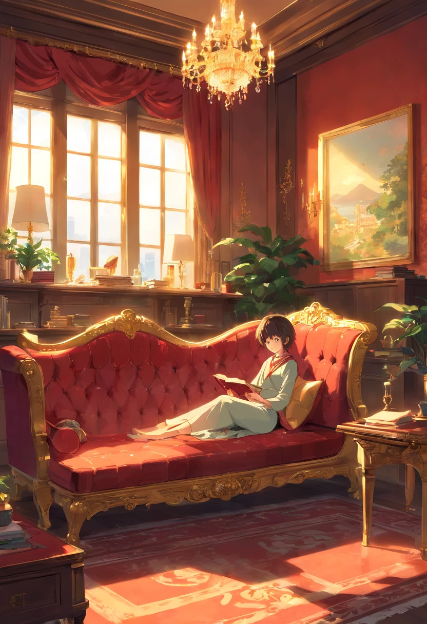 And now I felt a gentle push at the small of my back, and a tug at my hand, as if the room itself was inviting me in. “No--my shoes--” I began, but the push and the tug became firmer and I found myself stepping awkwardly across the threshold, onto the embroidered crimson velvet. The furniture was as grand as the room itself, carved and gilded and polished until it glowed in the sunlight streaming in the windows. There was an enormous bed on a dais, canopied in gold with a sheer white counterpane; the largest dressing-table I could imagine, covered with brushes and combs and cut-glass bottles of perfume and cosmetics; a writing-desk so elegant I could hardly imagine sitting at it; and rich golden velvet sofas and chairs scattered throughout the room, so that I could sit nearly anywhere if the mood suddenly struck me. I took another step into the room, my eyes wandering from the gorgeous walls to the magnificent furniture to the lofty ceiling hung with crystal chandeliers--the room was so large it needed five of them.