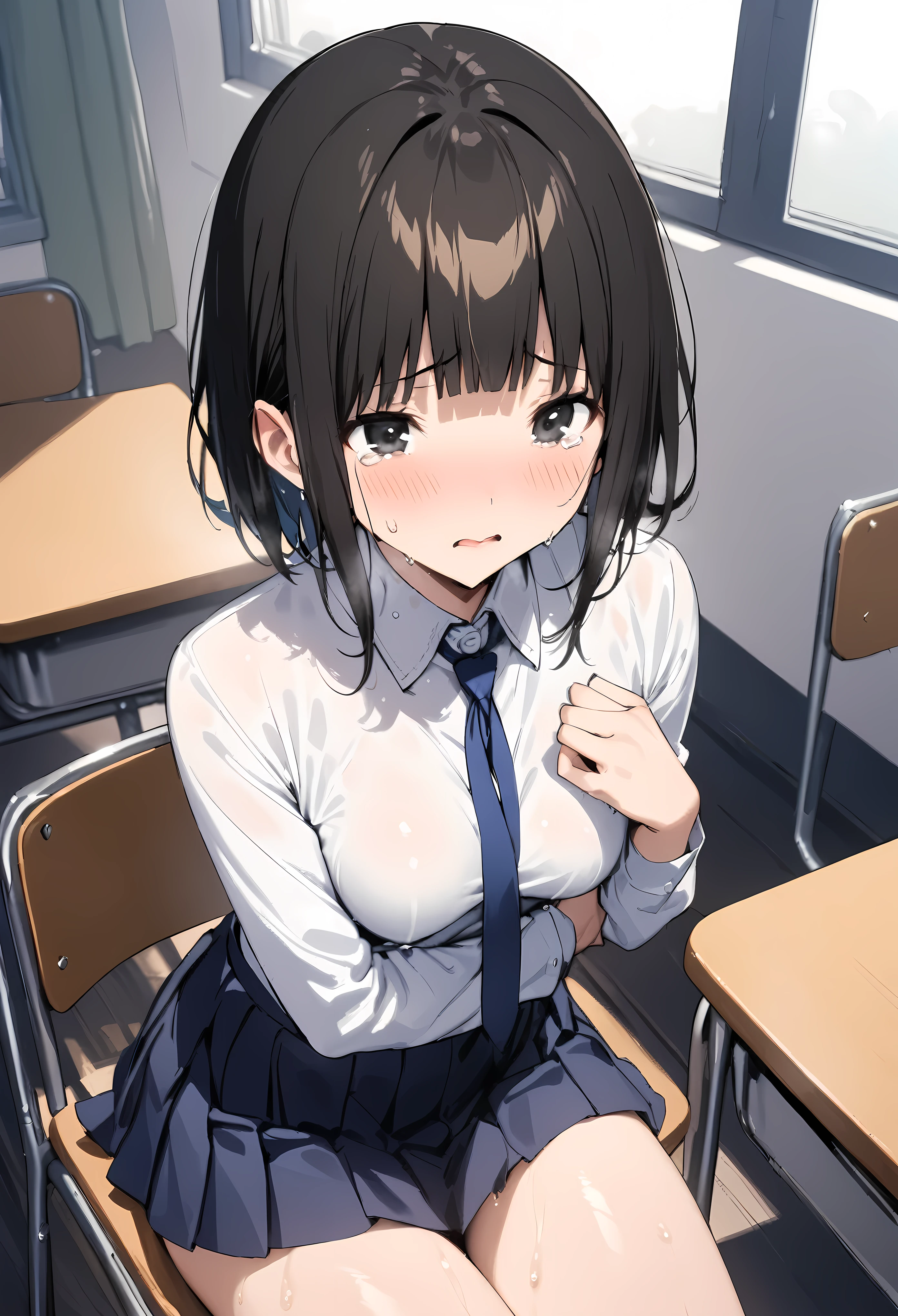 ((masterpiece, highest quality:1.2)),cowboy shot,1woman、20 year old beauty,Japanese、solo,((very small head)),short bob hair,black hair,black eyes,shy,tears,((very long and slender body)),skinny,medium breasts,oily skin,shiny skin,sweat,Student Uniform、Dark blue blazer jacket、Blue ribbon tie、Navy blue pleated mini skirt、White panties、sitting,Simple desk、Simple chair、classroom、Academy、