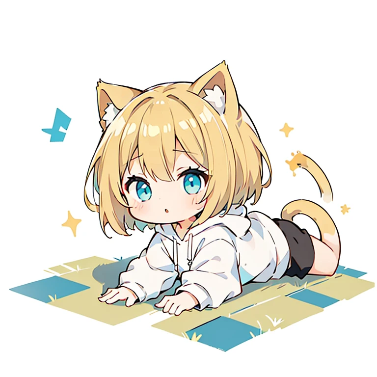 Beautiful young girl with blonde hair、 Bright lighting,Crawling forward,crawl forward,Blonde hair, turquoise eyes, short mash hair,CHIBI、Cat ear、Plain white hoodie, black shorts, black sneakers