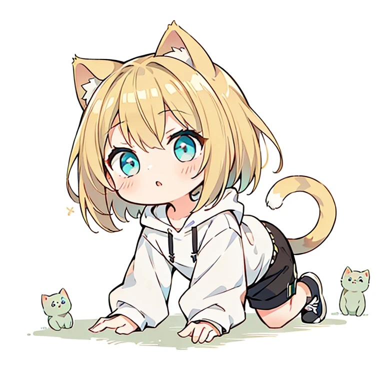 Beautiful young girl with blonde hair、 Bright lighting,Crawling forward,crawl forward,Blonde hair, turquoise eyes, short mash hair,CHIBI、Cat ear、Plain white hoodie, black shorts, black sneakers