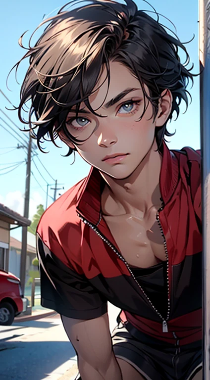 4K, high resolution, Best quality, Masterpiece, perfect colors, perfectly shaded, Perfect lighting, posted on e621, (by Chunie), anthro, ((Portrait)), （（Handsome man））, perfect male figure, short detailed hair，Wear men's shorts,Abusculature,Detailed face, Perfect face, (The stands up), Detailed background, ((Bonifasko lighting)),  (Detailed eyes), perfect pupils，suntanned skin