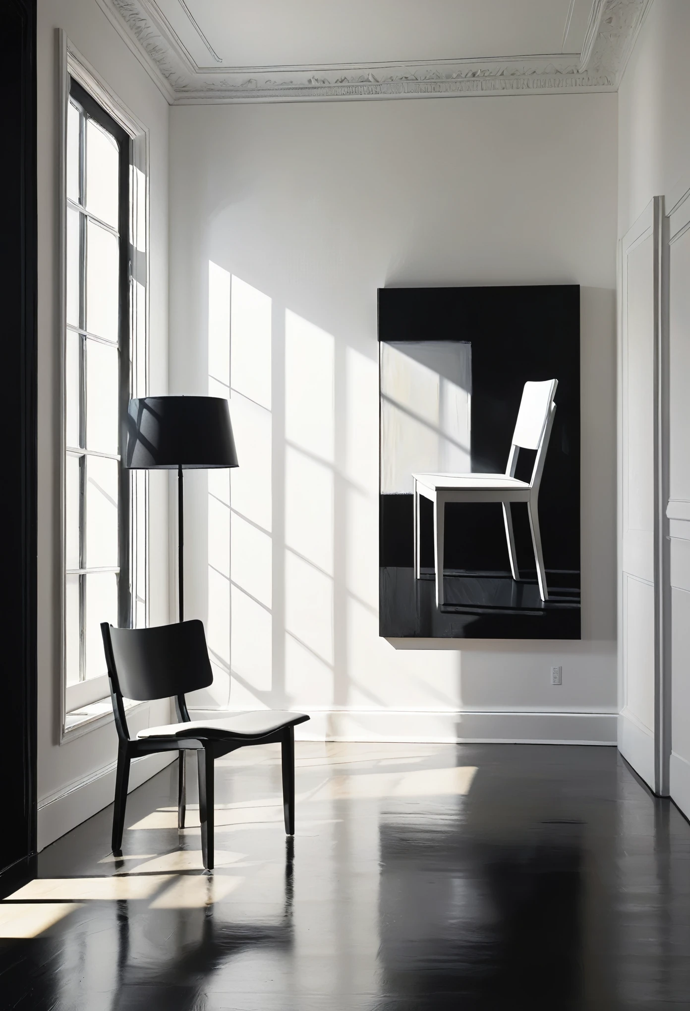 In an open room, there is an open window through which sunlight shines in, casting black shadows on the ground. There is a pure white chair in one corner of the room, which contrasts sharply with the dark tones around it. On the other side of the room, there is a black abstract painting hanging, creating a strong visual contrast with the white chair. The interplay of light and shadow fills the entire scene with a simple and elegant atmosphere. The black and white contrast makes every detail stand out, with rooms, windows, sunlight, white chairs, black abstract paintings, intertwined light and shadow, strong contrast, simplicity, and elegance,(masterpiece, best quality:1.2), extremly detailed