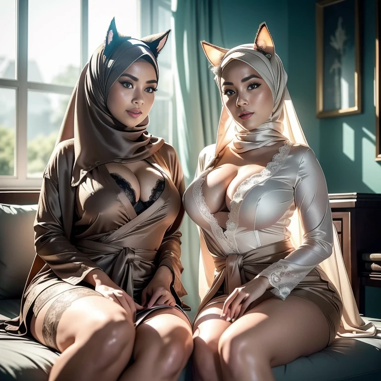 (((Two:2 girls nake and nude, great nipples))) ((PASTEL LACE)), ((sexy)), ((UNDRESS)). Brown, Flat Chest, (((Wearing G-String))) Sitting Sexy Bikinis female,45 yers old,Married woman,Long legs, slim waist, photo exposure, solo,(Background with:at a forest,the rainforest,in summer) She has long white hair,Redlip,Stand deep in the forest,seen from the front, hair straight,long, floated hair, sky with many clouds,(((tmasterpiece),(Very detailed CG unified 8k wallpaper),Best quality,Movie Lighting,detailed back ground,Beautiful right eye pupil,(very delicate beautiful),(Beautiful and detailed eyes description),ultra - detailed,tmasterpiece,)),facing at the camera,A high resolution,ultra - detailed),,a little bit chubby,overmany, Camel toes,captain america(dressed in:On the cheongsam,Transparent Captain America) 3DMM, ((Masterpiece, best quality, photography, detailed skin, realistic, photo-realistic, 8k, highly detailed, full length frame, High detail RAW color art, diffused soft lighting, shallow depth of field, sharp focus, hyperrealism, cinematic lighting, hijab, a woman in a beautifully makeup, smokey eyeshadow, beautiful big eyes, long eye lashes, wearing (aqua satin hijab), loosely tide hijab style, ((Taupe satin shirt)), satin long waist skirt, reading, sitting under tree, garden, The whole body consists of a young girl with hijab Kimono, Eye makeup, Cat ears, Soft lighting, groups, Wear shabby clothes, Dirty, Tattered futuristic military uniform, Cat's paw badge, Pose, spot color, rendering by octane, Ultra-realistic intricate details, big breasts, big breasts, big breasts, two MAPAY women in lingerie posing for a picture in a room, oppai, posing together in bra, MIRA FILZAH and IMAN TAYORE, red bra, all red, oppai proportions, sexy :8k, 4 k, big breasts!, bottom angle, big breasts!!, Malay beauties, biomechanical oppai, fujita goro and jones, thicc, wearing hijab, hijab star, hijab gorgeous, hijab super model,