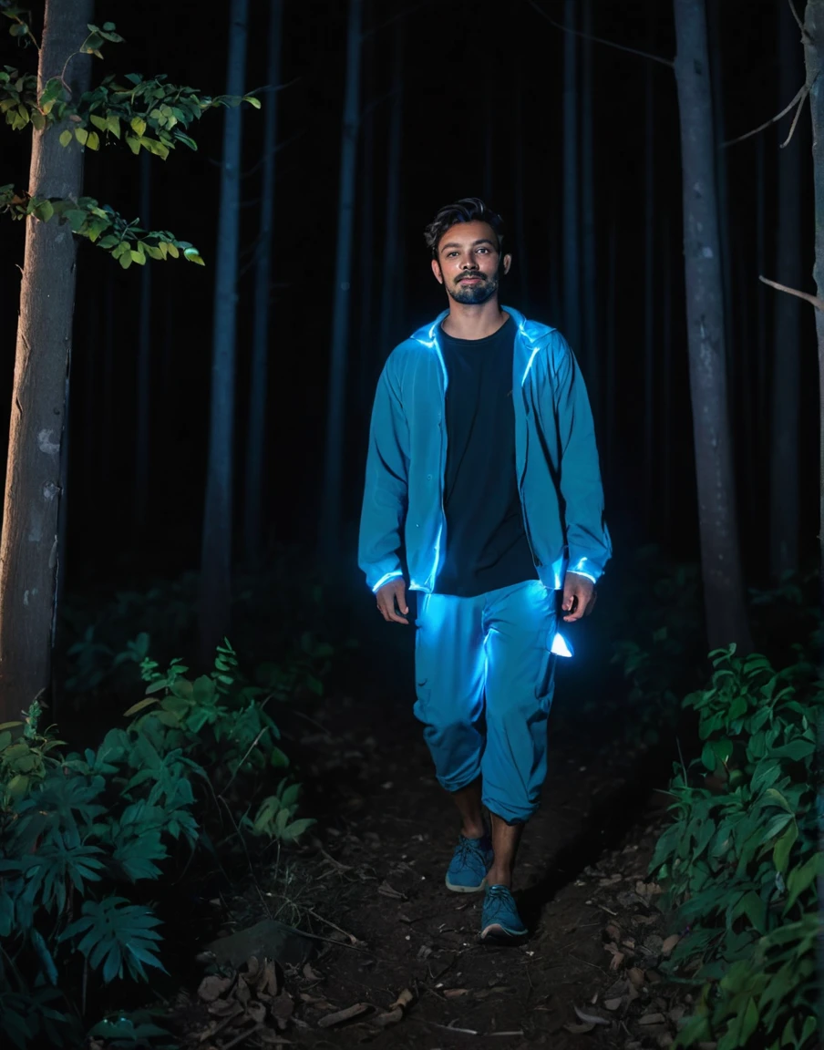 Retrato de um homem feito de luz, your entire body is made of a bluish light, he walks towards the camera at night in a forest, vegetais imponentes crescendo eficientemente, com um (foco suave:1.2), (f_pare 4.0), (focal_comprimento 50mm),m, captured com um (Canon EOS R5), highlighting hope and continuity
