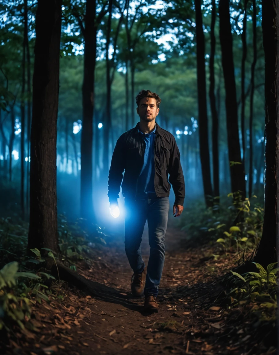 Retrato de um homem feito de luz, your entire body is made of a bluish light, he walks towards the camera at night in a forest, vegetais imponentes crescendo eficientemente, com um (foco suave:1.2), (f_pare 4.0), (focal_comprimento 50mm),m, captured com um (Canon EOS R5), highlighting hope and continuity