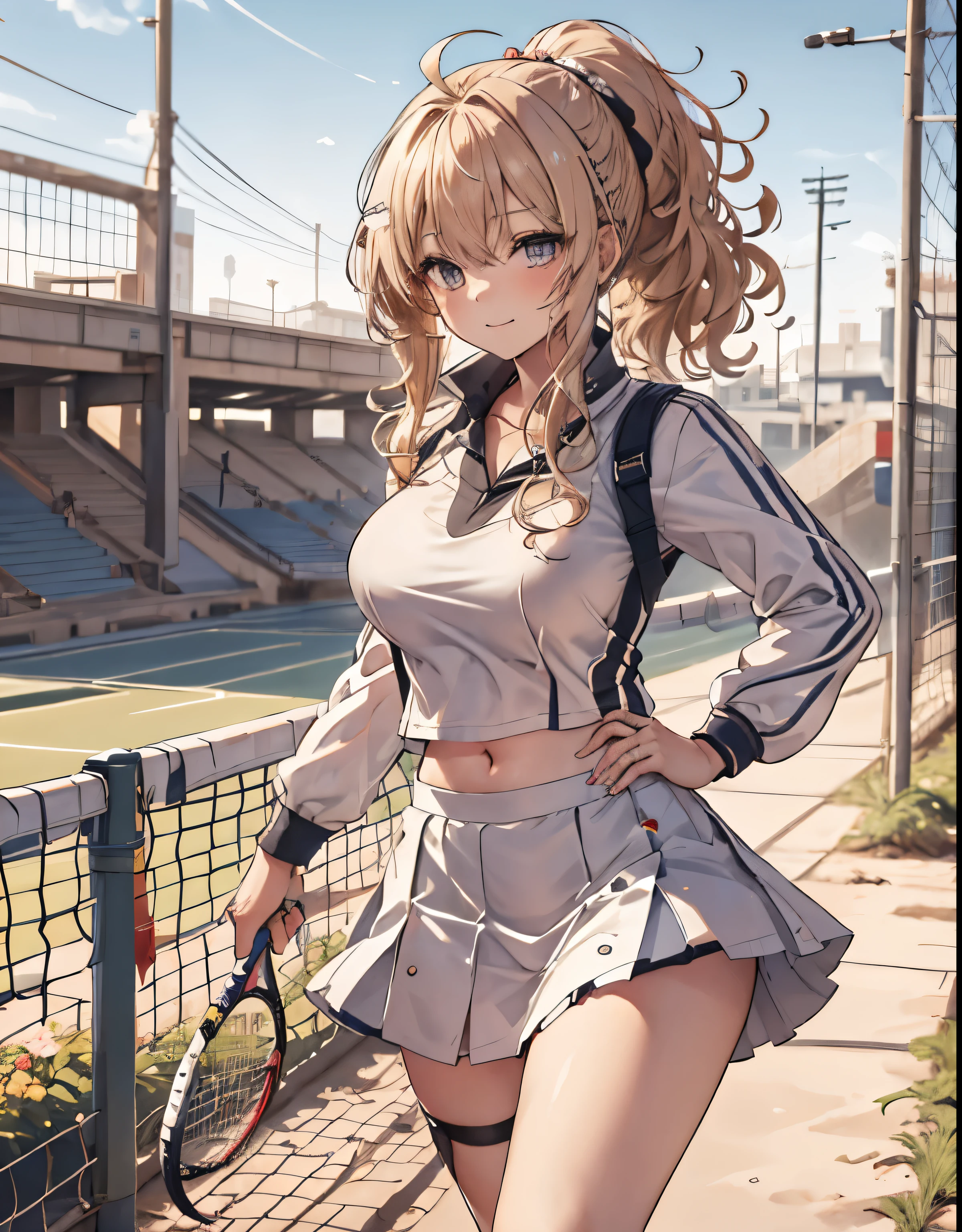 masterpiece, 1girl, sparrow, a blonde haired girl, wearing a tennis uniform dress, curly medium hair, messy hair, slim body, he close her left eye, shirt ornament, ruby eyes, ahoge, , big breast, beautiful breasts, rounded breasts, long sleeves, beautiful eyes, white stocking, droopy eyes, skirt, miniskirt, her age is 19 years old, field, lovely face, lovely smile, curly hair, ponytail, tennis dress, navel, mini skirt