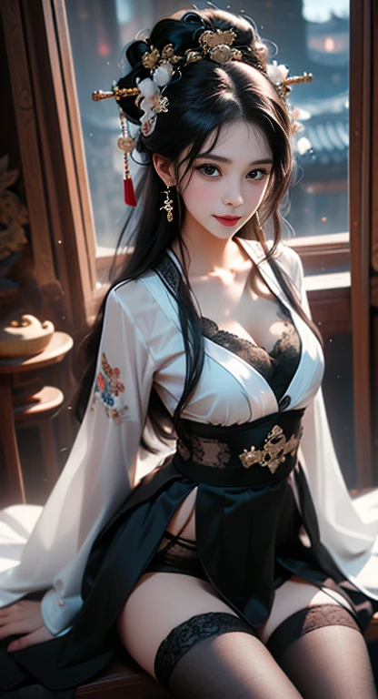 (((32ｋ,High Detail,high detail、masterpiece,Attention to detail,whole bodyEsbian,whole body：1.7,solo))),original photo & Realistic atmosphere,Beautiful deep blue eyes,Detailed mouth,Glossy lips,Detailed eyebrows,The eyes are drawn very carefully，White and soft skin，Every detail sparkles、Blue eyes,Very beautiful eyes,Delicate lips、Very beautiful face,Good face shape、Lifelike face,shiny beautiful lips, Realistic Young gravure idol, Very beautiful female student, , 年轻Sexy写真偶像, Young gravure idol, Beautiful and cute mature 18 year old female student,whole body湿透,Dripping,Blushing face,Incredibly beautiful, Sexy又优雅18岁女孩,半长黑色闪亮hair,hair：0.8,(Looking at the camera：1.4）,（dark,Very dark,Use a Flashlight、Illuminating subjects in a dark classroom without lights：1.7）,（Sexy,Healthy and toned body,HDTV Japan HDT VISION Black HDT VISION Black HDTV HDTV Black HDTV HDTV Black HDTV Black HDTV Unified,Medium shaped chest,Mature body, Moist eyes,Smile,Dazzling,Dazzling的面容也美丽,High resolution arm,,HD Finger,：1.5）,（chest wide open,Elegance in black and red、Buttons unbuttoned、Sitting upright in black stockings，legs open，Sexy、Lifting up skirt awkwardly：1.8）、看見Black panties, Black panties, Black lace panties,