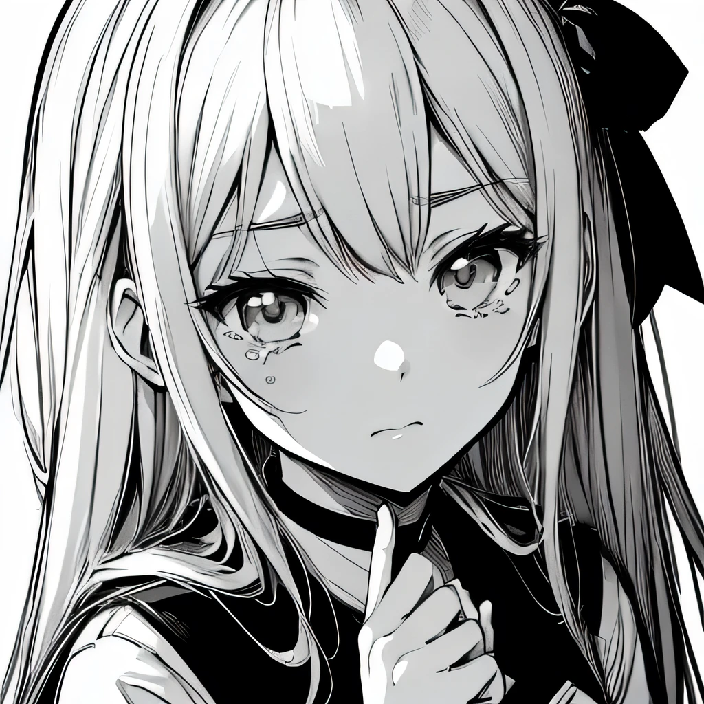 (((simple manga drawing))), black and white, 1girl, serafuku, sad expression, tears in eye, (transparent background), aerith gainsborough, long shot, full image, full body, making peace hand sign next to eyes