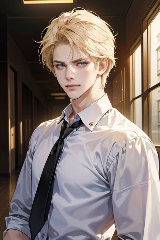 (tmasterpiece, high resolution, ultra - detailed:1.0), (1 boy, Young male, masculine face), Perfect male body, tall and strong, Adult male, Delicate eyes and delicate face, Extremely detailed CG, Unity 8k wallpaper, Complicated details, Detailed face, (blond hair, messy hair, serious faces, white shirts,Bad students), (frown,evil smile:1.3), stad in school corridor, street style, color difference, Depth of field, dramatic shadow, Ray tracing, Best quality, Cinematic lighting, offcial art,Portrait