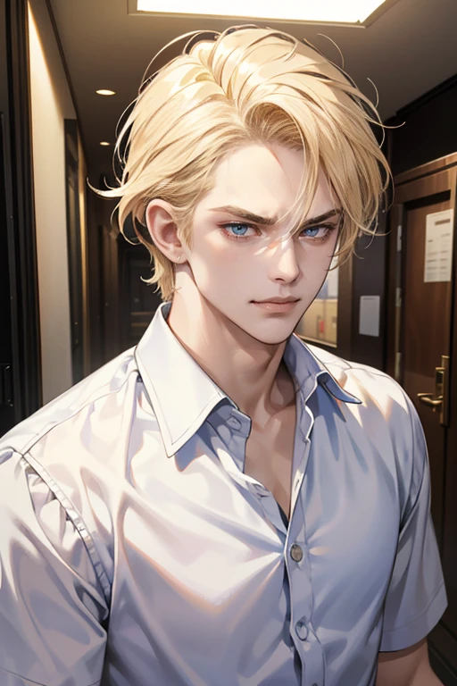 (tmasterpiece, high resolution, ultra - detailed:1.0), (1 boy, Young male, masculine face), Perfect male body, tall and strong, Adult male, Delicate eyes and delicate face, Extremely detailed CG, Unity 8k wallpaper, Complicated details, Detailed face, (blond hair, messy hair, serious faces, white shirts,Bad students), (frown,evil smile:1.3), stad in school corridor, street style, color difference, Depth of field, dramatic shadow, Ray tracing, Best quality, Cinematic lighting, offcial art,Portrait
