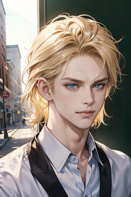 (tmasterpiece, high resolution, ultra - detailed:1.0), (1 boy, Young male, masculine face), Perfect male body, tall and strong, Adult male, Delicate eyes and delicate face, Extremely detailed CG, Unity 8k wallpaper, Complicated details, Detailed face, (blond hair, messy hair, serious faces, white shirts,Bad students), (frown,evil smile:1.3), stad in school corridor, street style, color difference, Depth of field, dramatic shadow, Ray tracing, Best quality, Cinematic lighting, offcial art,Portrait