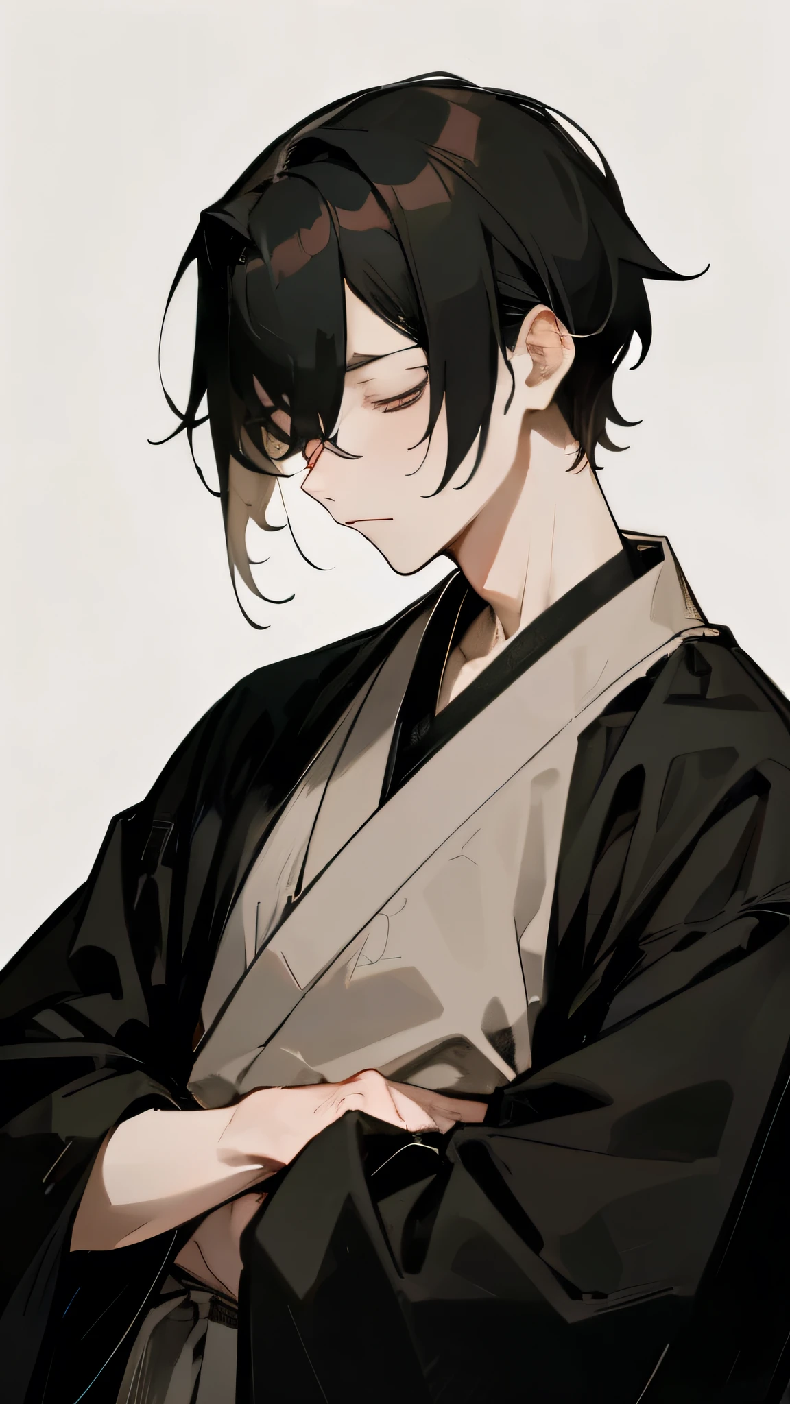 Black kimono from the Taisho period、Mourning clothes、（Pale-faced man）、（Sick man）、Upper Body、Eyes closed