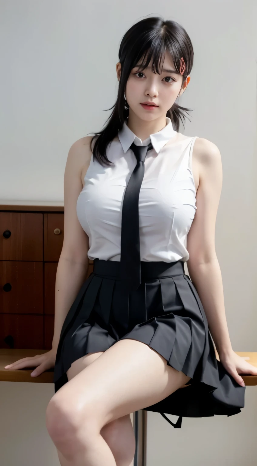 Highest quality、Ultra-high resolution、Professional Lighting、Detailed Background、In the classroom、full body,Kobeni-chan、A sloppy smile、25-year-old woman、beautiful girl、(Kobeni-chan、Jet black hair, Black Hair, bangs, One-sided hair,)、(Red Hair Clip:1.1)、(White sleeveless shirt:1.2)+(Black tie:1.2)+(Grey pleated skirt:1.2)、Black tights、(Huge breasts that look like they might burst:1.2)、(Big thighs:1.1)、Troubled face、Confused Eyes、Sitting on a desk、(open leg:1.3)