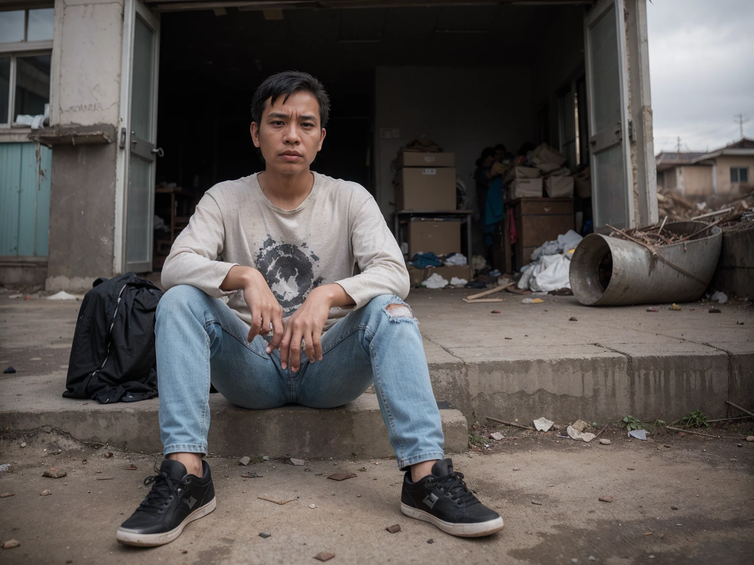 (8k, RAW photo, best quality, masterpiece:1.2), (realistic, photo-realistic:1.37), a sad Indonesian man is sitting on a chair that is damaged, wearing torn clothes and long denim, his shoes are dirty and short hair, there is dirt and ruins around him, the photo is in new cold colors, the weather is bad and the atmosphere is unpleasant..