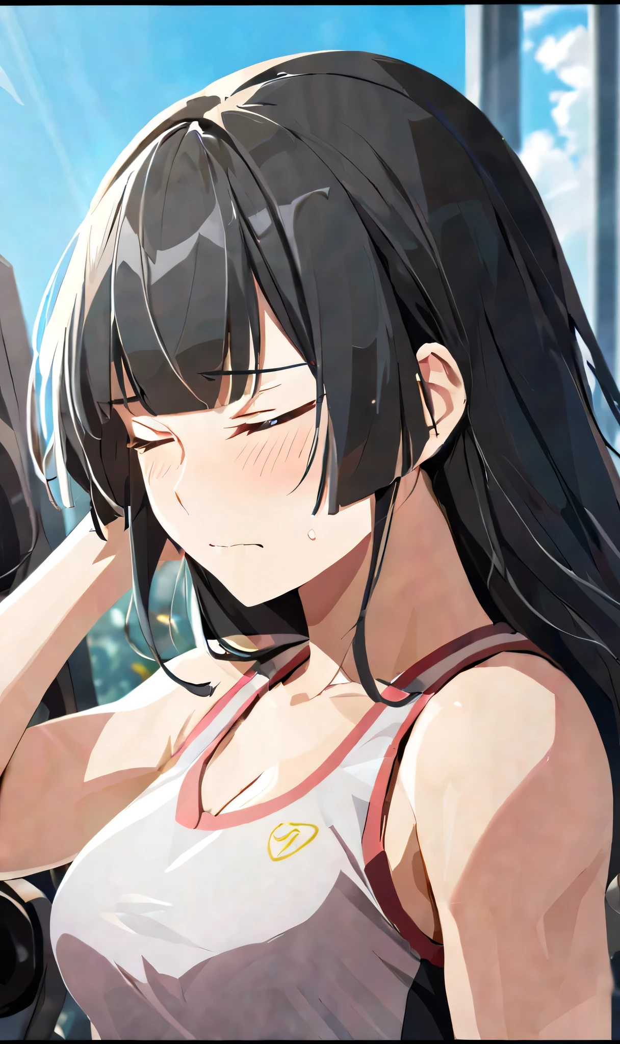 masterpiece,best quality, solo, eda, bangs, black hair, blue sky,cloud, shy expression, blushing expression, embarrassed expression, medium breast, hot, thicc, she is embarassed , she has a medium chest, she is wearing a gym outfit ,she is looking at you, closed mouth, cleavage, upper body , she is looking down on you, she is in the gym, she is working out, she is wearing sports, she is wearing white sando, she is fit, she is looking at the viewer, upper body, dynamic pose, dinamic view angle, detailed, she is tying her hair, she is super shy, she is embarrassed, closed eyes