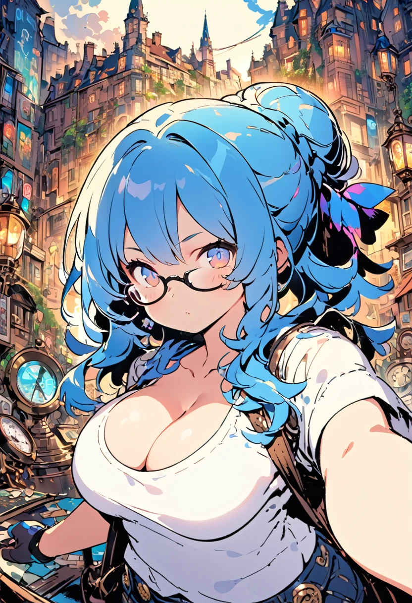 8k_wallpaper, extremely detailed eyes, extremely detailed body, (large masterpiece digital art), (detailed manga illustration), (detailed line art), ((perfect anatomy)), (intricate details:1.3), (ultra-detailed:1.3), (illustration:1.3), (sharp focus:1.3), (natural lighting:1.05), (vivid colors:1.3), (masterpiece), best quality, expressive eyes, perfect face, 1 girl, breasts, cleavage, gloves, large breasts, casual clothes, white shirt, tee shirt, denim jacket, jacket, {blue hair}, medium hair, wavy hair, (gray eyes), hourglass physique, casual outfit, black denim shorts, shorts, dynamic pose, Huge ass, dynamic lighting, beautiful Latin woman, curvy, fur trim, hair bun,