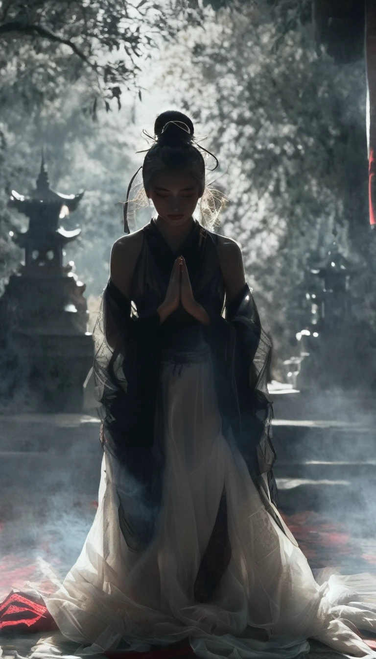 a bird's eye view capturing a stunningly beautiful Japanese shrine maiden clad in a white top and black bottom, striking a prayer pose while exuding an aura of serenity. However, looming ominously behind her, a vengeful spirit of a samurai manifests in a dark, eerie black aura, adding a chilling contrast to the otherwise tranquil scene. The juxtaposition of the maiden's grace and the samurai's haunting presence creates a captivating image that blends beauty with a touch of supernatural intrigue, inviting viewers to contemplate the duality of peace and vengeance.xianxia