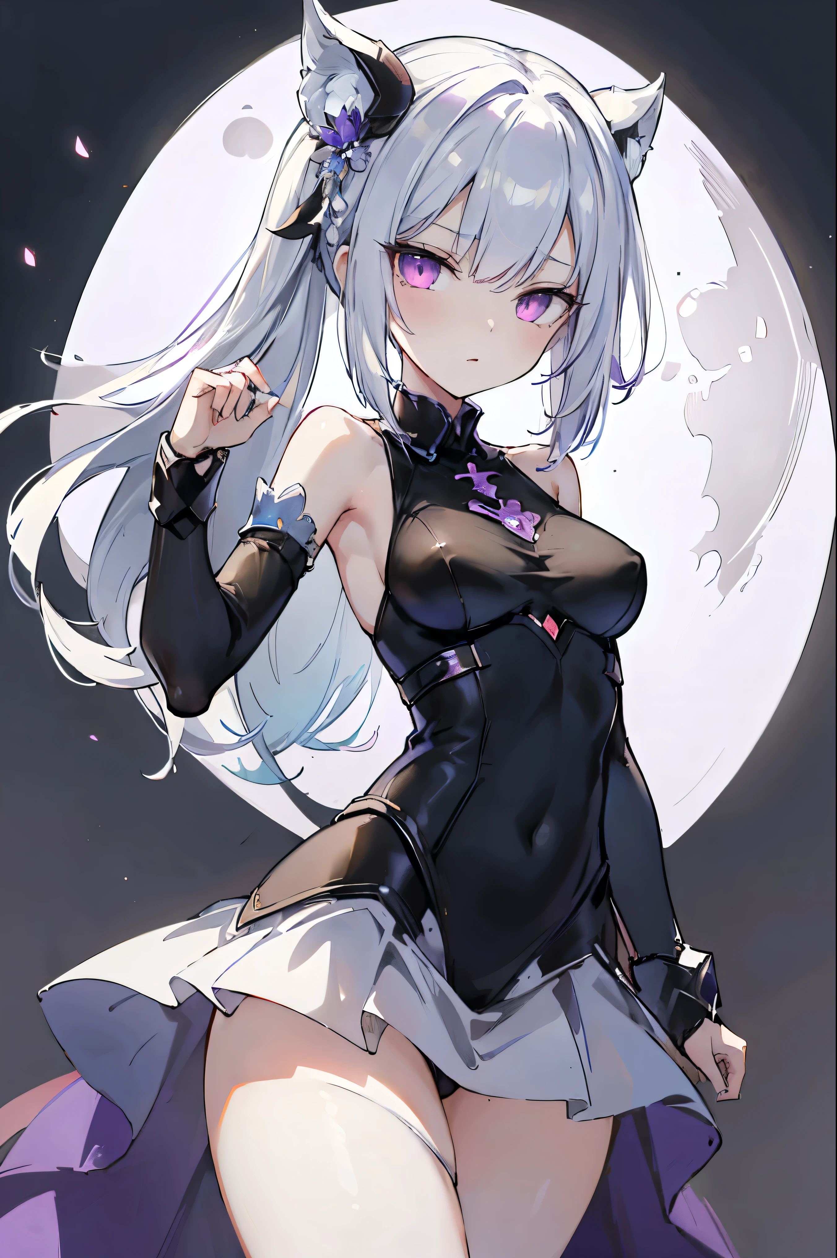 1girl, anime, cute girl, blank background, white background, fantasy, detailed fantasy dress with highlights, beautiful face, beautiful eyes, dark colors, black hair with multicolor streaks, red eye with different color pupil in eye, multicolor eye, medium breasts, slight cleavage, beautiful skin, cute, breast curtains, extremely delicate and beautiful, (beautiful detailed face:1.0), (detailed deep eyes), symmetrical breasts, deep eyes, shiny skin, portrait, slender waist, hips wider than shoulders, thighs, expressionless, young girl, luminous eyes, adorable,(Kpop idol),(aegyo sal:1),(Platinum blonde hair:1),((puffy eye)),Black panty,sexy posture,Superskirt, Ultra-high resolution,Black collar,slim figure, Abdominal y tattoo, womb tattoo,Tight-fitting leg ring,y tattoo on half-body,Bare skin, Armored hand,Hidden fingertips,Hand covered,Arm covered,Fist covered,{{beautiful detailed fingers}}, tufts of hair, moderate beautiful breast:1.0,(masterpiece:1.2), best quality, high-res, HDR, perfect face, intricate armor, delicate blue filigree, intricate filigree, red metalic parts, detailed part, dynamic pose, dynamic lights, cute face, neutral expression, shuimobysim, lotus, hanfu, maxi skirt, dress conservatively 1girl, solo, long blue hair, standing, One lady,14years,((White hair) ,((Normal breasts)), (Shiny purple bodysuit with microskirt),((Fantasy, Moon Night))