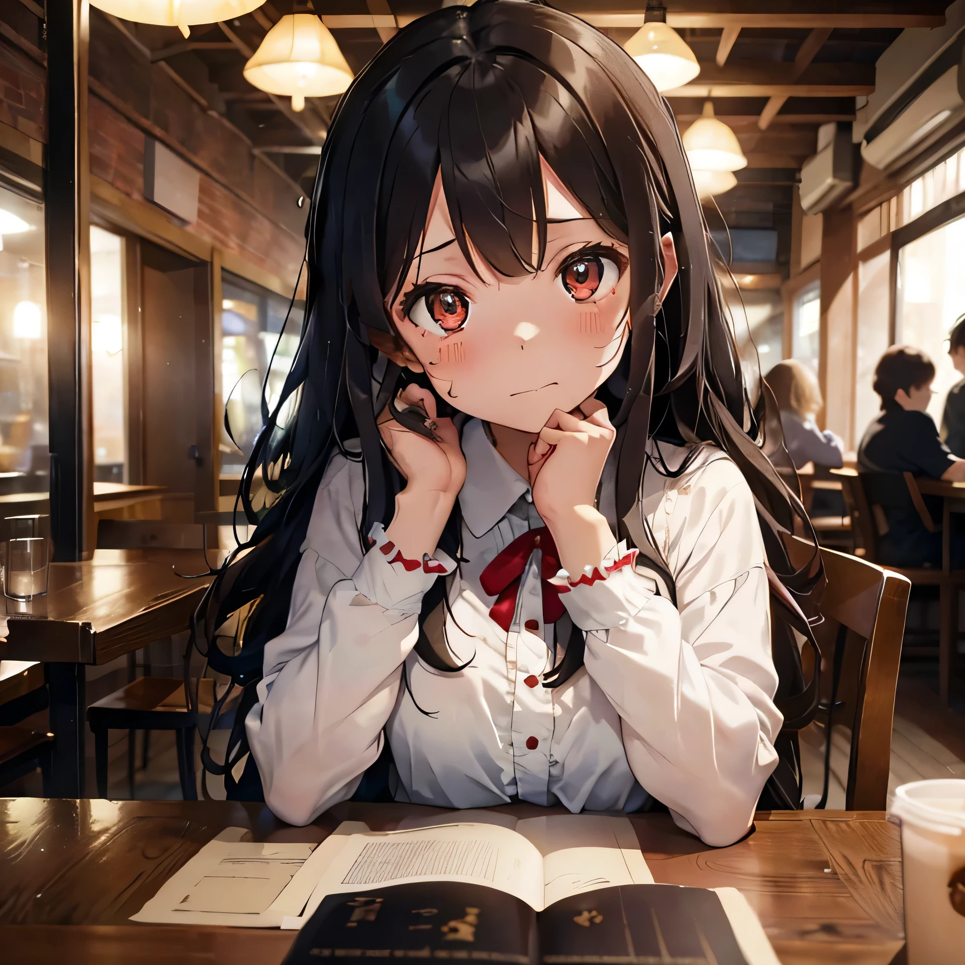 night、sitting at a table in a coffee shop、A 20-year-old woman with curly hair looking sad and tearful in the red light、White blouse with frilled collar、A tear is falling、Nothing to wear、Leave some space above your head、There is a coffee cup on the table.、Draw the face in the center of the picture