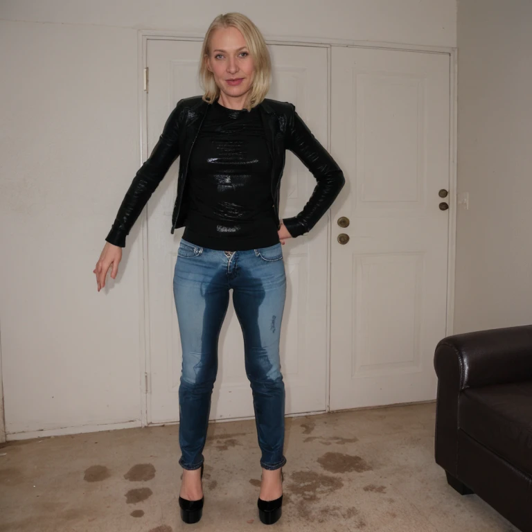 (pp clothes), 40 year old woman, blonde, jeans, living room, soakingwetclothes, high heels